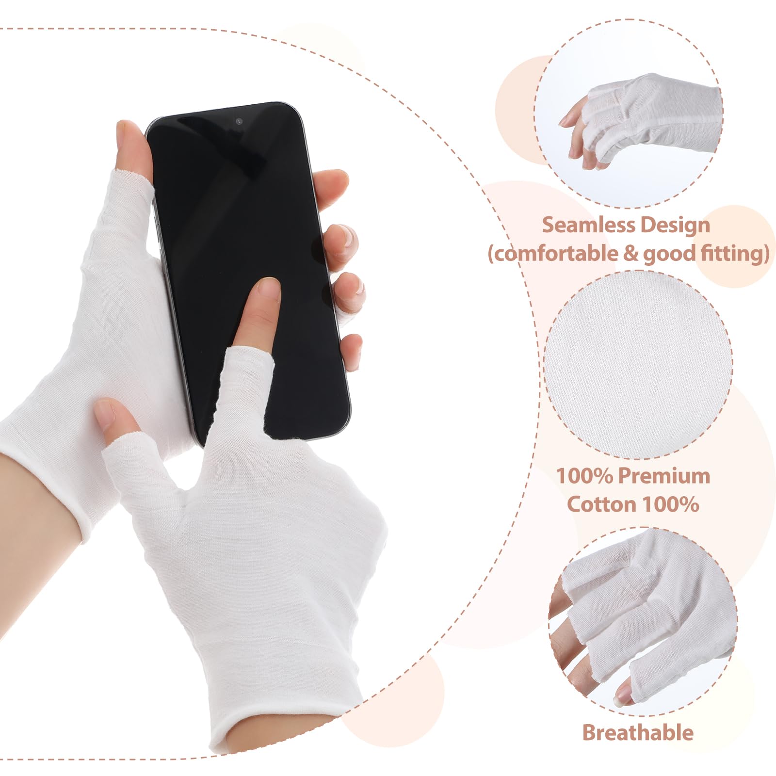 4 paia di guanti in cotone senza dita, guanti protettivi UV per lampade gel unghie bianchi sottili senza dita per mani asciutte touch screen spa trattamento della pelle