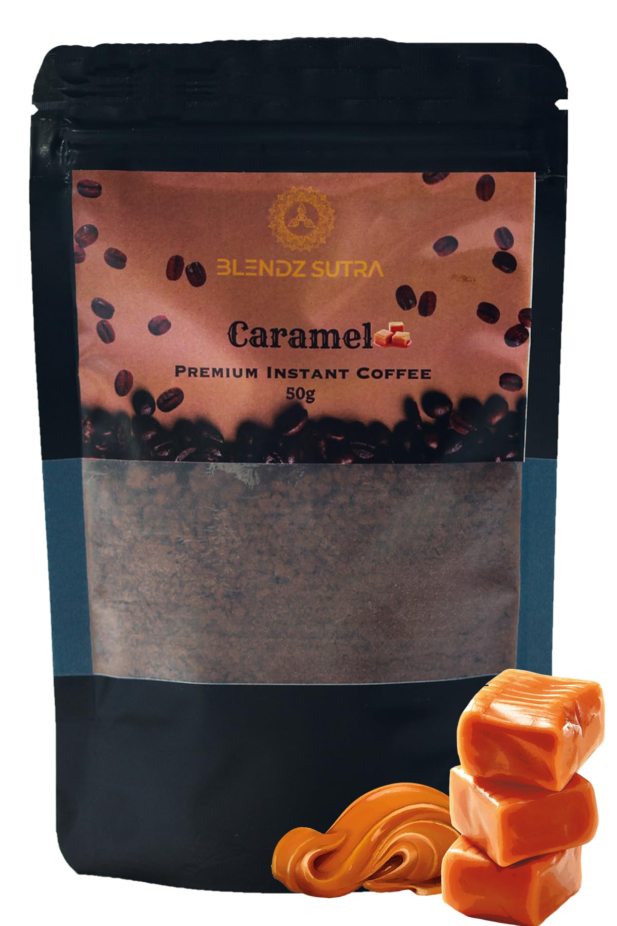 Blendz Sutra Caramel Flavored Instant Coffee 50g | For Both Hot & Cold Coffee | No Sugar | No Chicory Added | Resealable Pouch | Ready in Seconds | Strong Taste & Rich Aroma