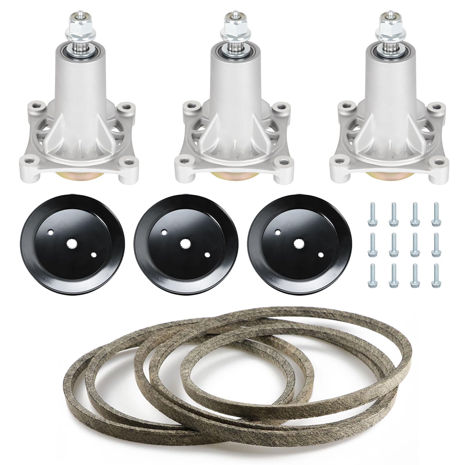 Kit de reconstrucción de cubierta de cortadora de césped de 54 pulgadas compatible con 3 conjuntos de husillos 187292, 3 poleas estriadas 197473, 3 cuchillas 187256, 1 correa 196103