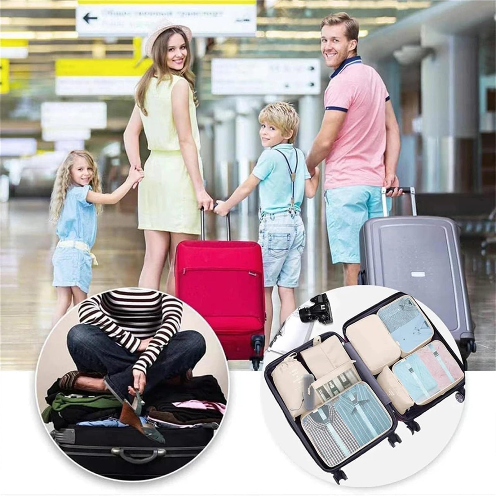 Set di 8 organizer for valigie da viaggio impermeabili, for riporre oggetti essenziali, vestiti, scarpe e cosmetici(White)