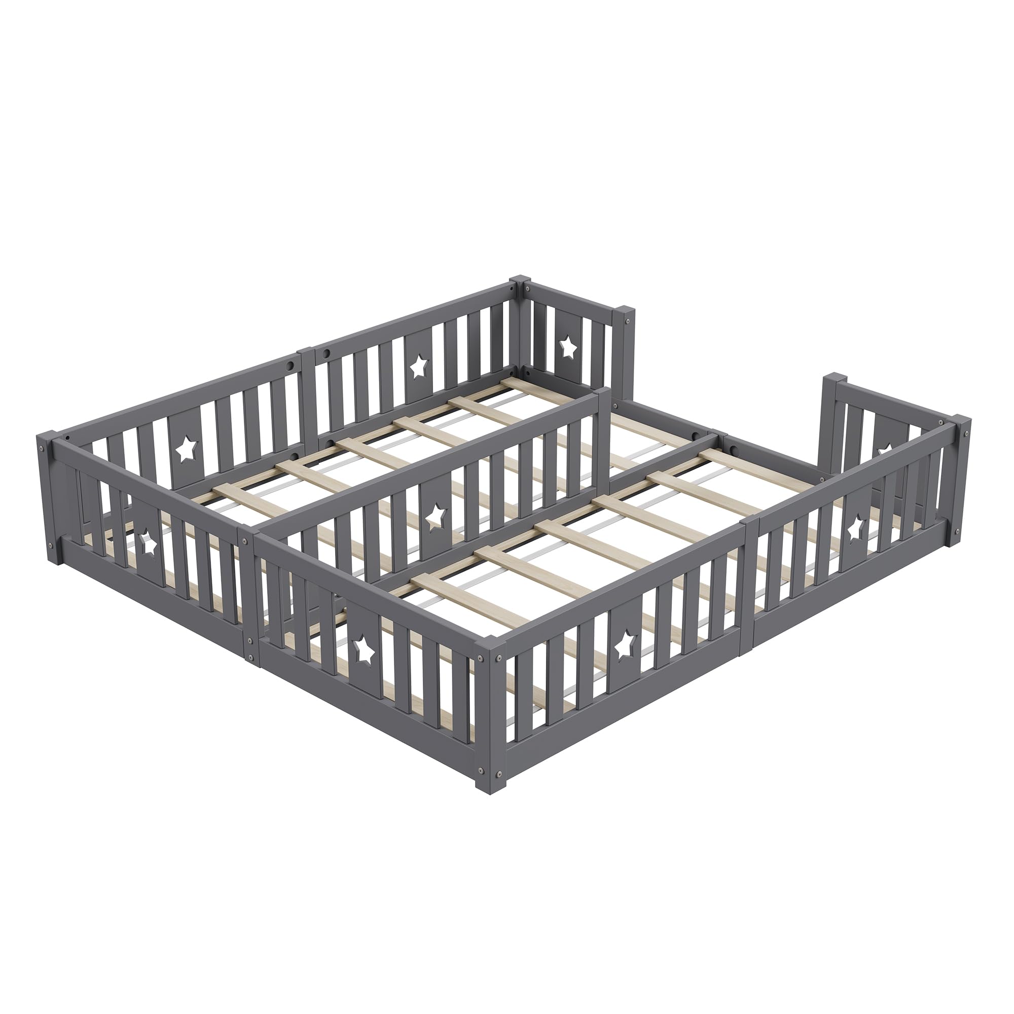 Kinderbett Bodenbett mit Rausfallschutz 180x200, Montessori Kinderbett 180x200 mit Hohem Rausfallschutz & Lattenrost Kinderbetten Holz Modernes Bettgestell Doppelbett für 2 Kinder, Ohne Matratze
