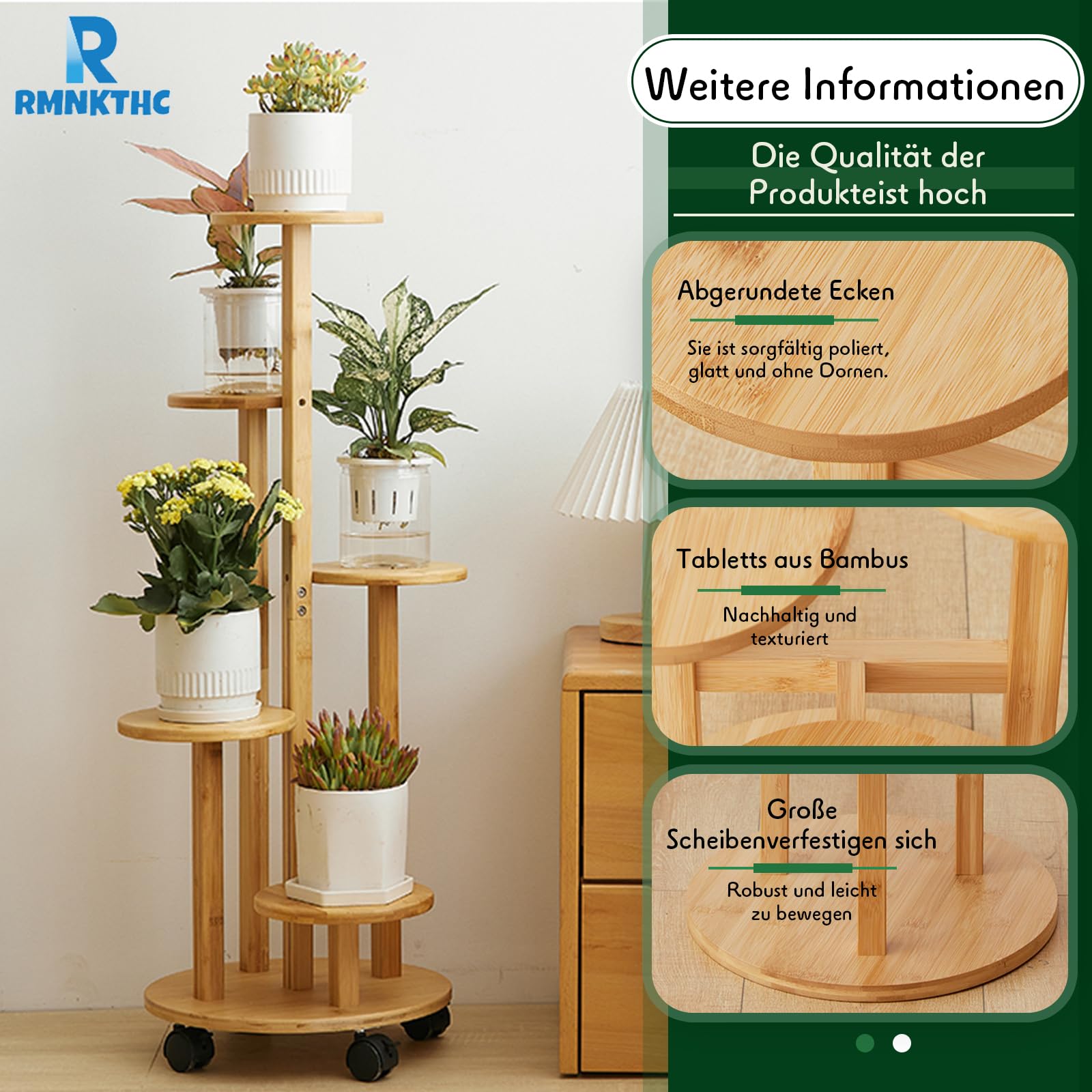 Étagère à fleurs en bambou avec roulettes | 5 niveaux de charge 20 kg | Matériau naturel imperméable | Montage facile pour salon, balcon, chambre à coucher (couleur bois)