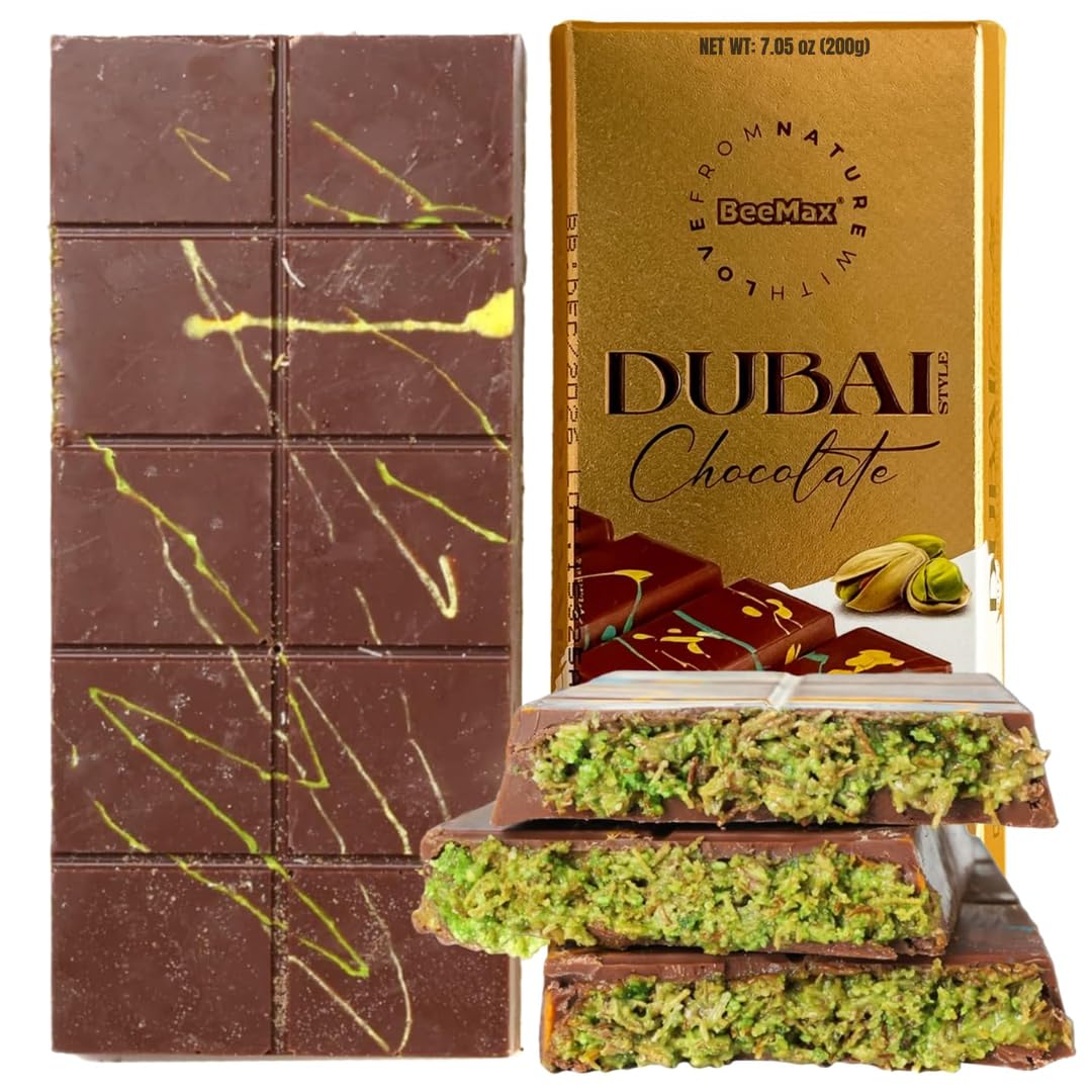 Authentic Dubai-Style Chocolate Bar - 7oz (Pack of 1) Luxurious Milk Chocolate with Kadayif & Pistachios - Middle Eastern Indulgence - Imported from Turkey - For Gift or Special Occasions