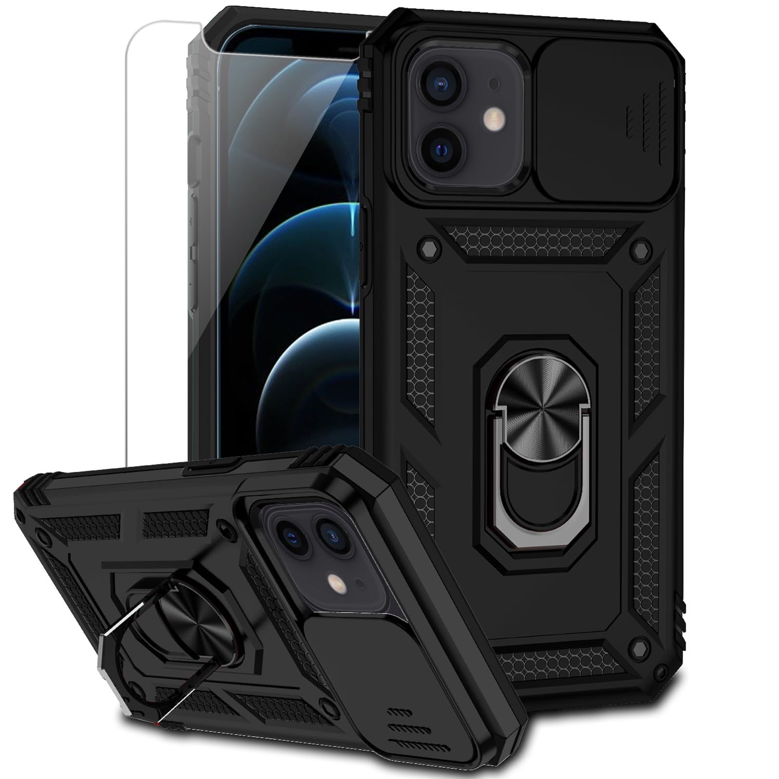 for iPhone 12 Mini Case with Camera Lens Cover HD Screen Protector, Dual Layer Military Grade Drop Protection Magnetic Ring Holder Kickstand Protective Phone Case for iPhone 12 Mini 5.4 inch (Black)