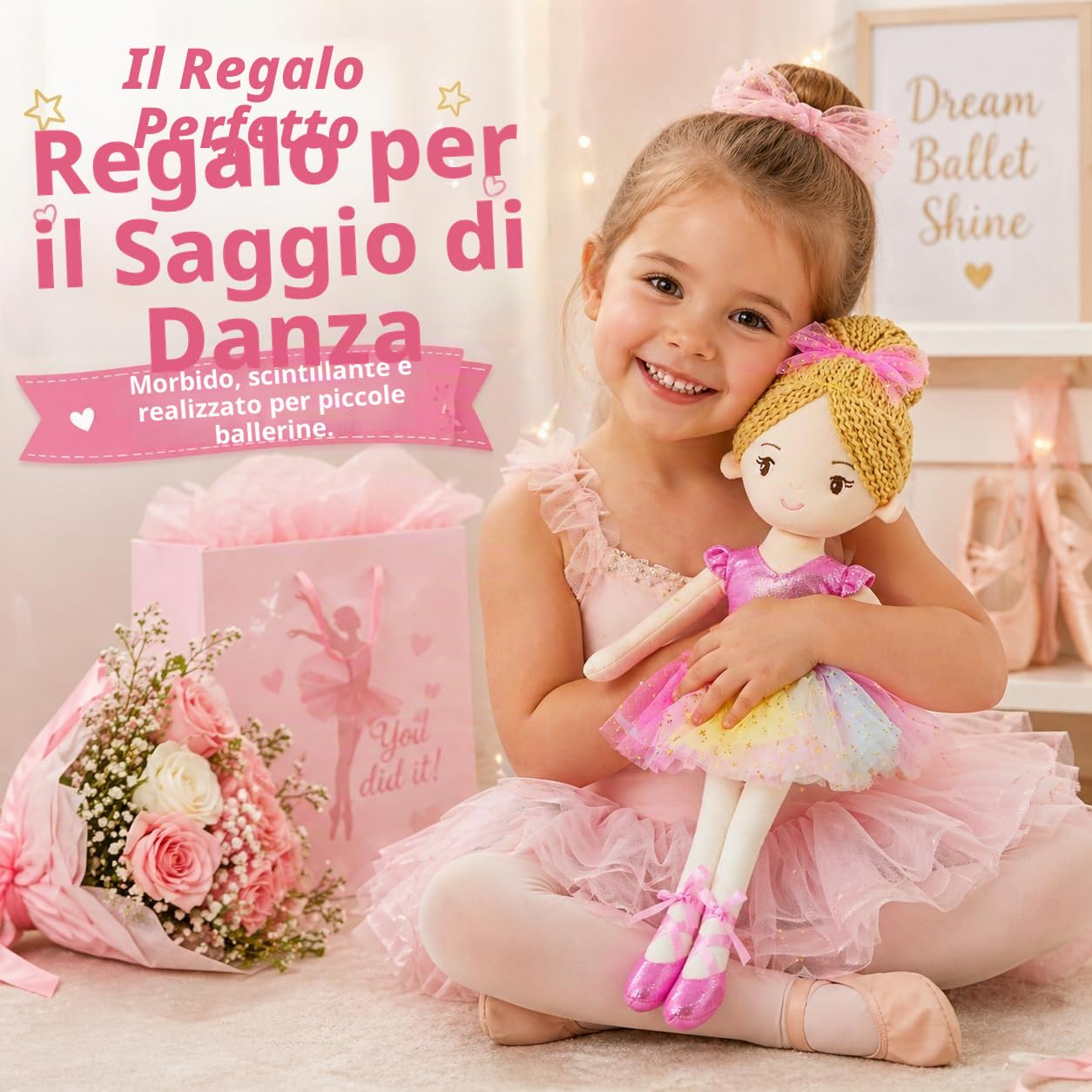 40 cm Ballerina Principessa Polina - Bambola di peluche piena - vestito rosa - regalo per bambine