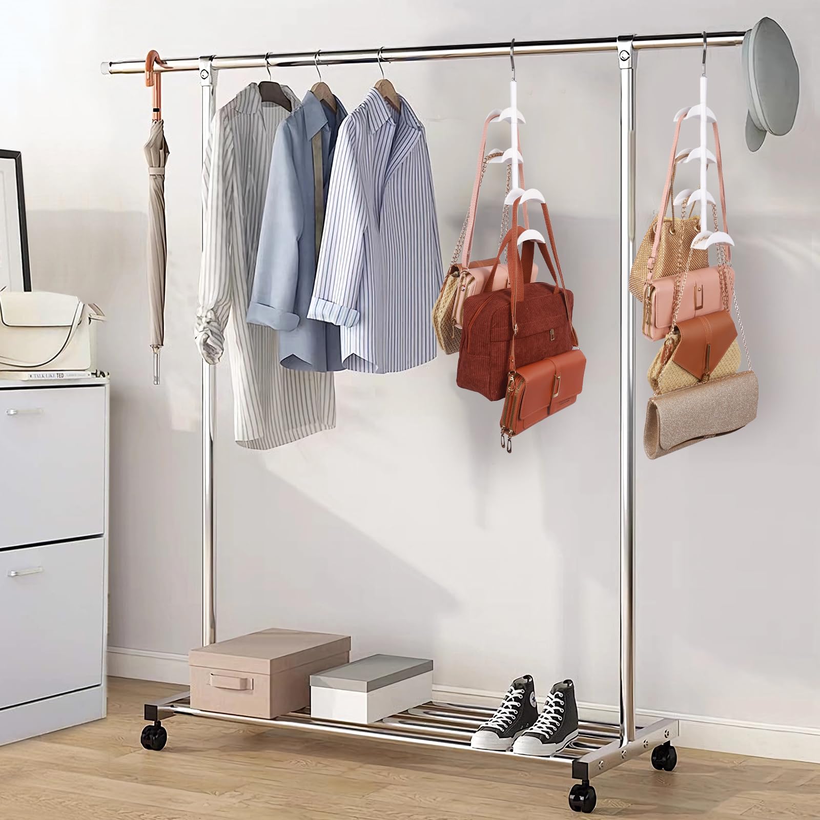 Minicoco 2PCS Swivel Handbag Hooks Bag Organiser with 4 Hooks Space Saving Scarf Handbag Belt Hook Organiser Display Stand (White) - Image 4