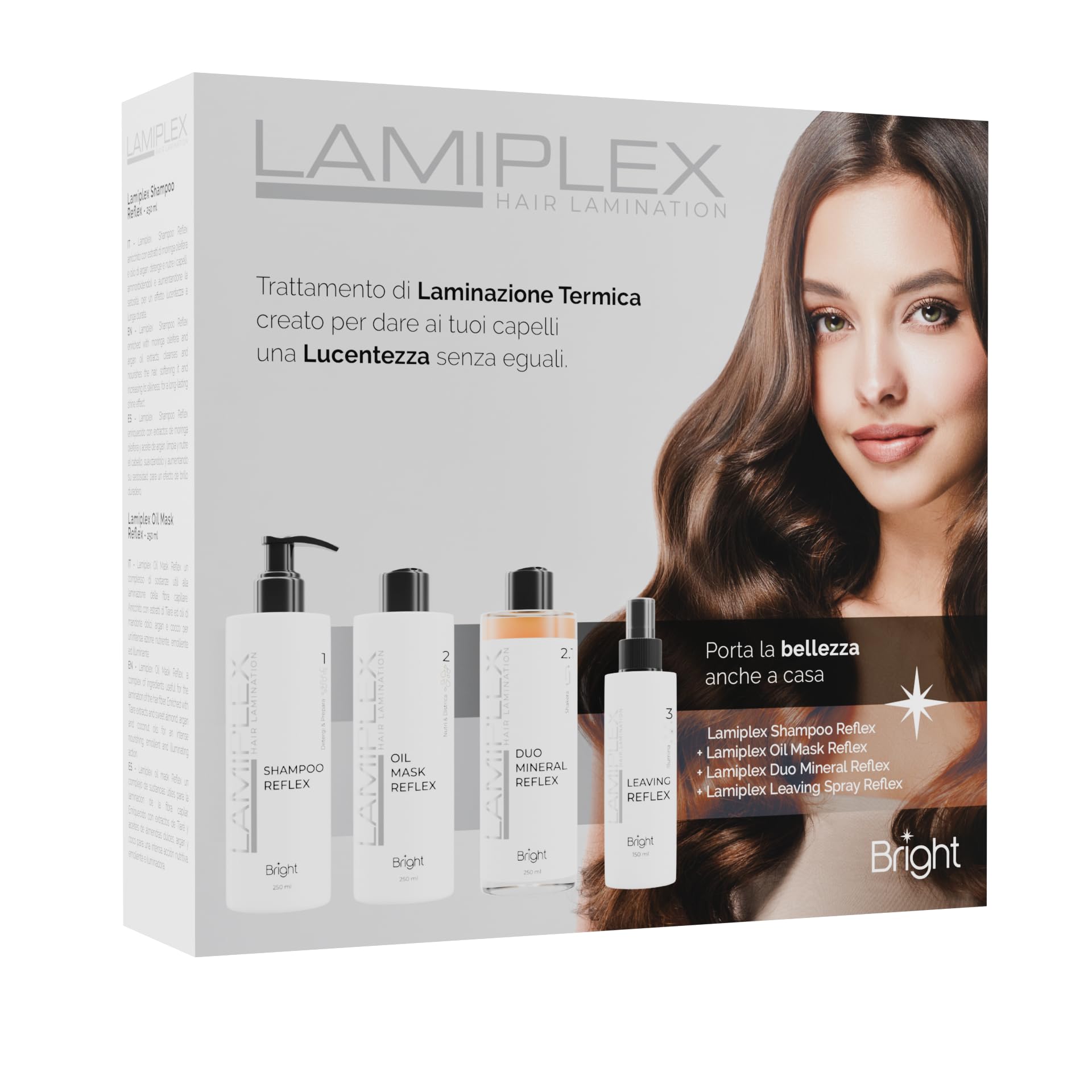 Lamiplex Reflex Zestaw do laminowania włosów, efekt lustrzany, intensywne działanie odżywcze i rozjaśniające, szampon przygotowujący, regenerująca maska w płynie, rozjaśniający spray