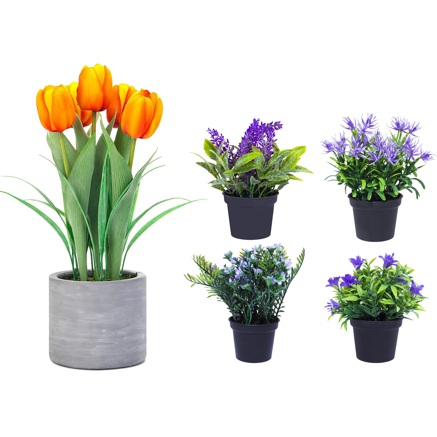 Jusdreen Artificial Orange Tulips+Set of 4 Purple Artificial Plants for Home Decoration, Indoor Small Artificial Plants for Desk Decoration