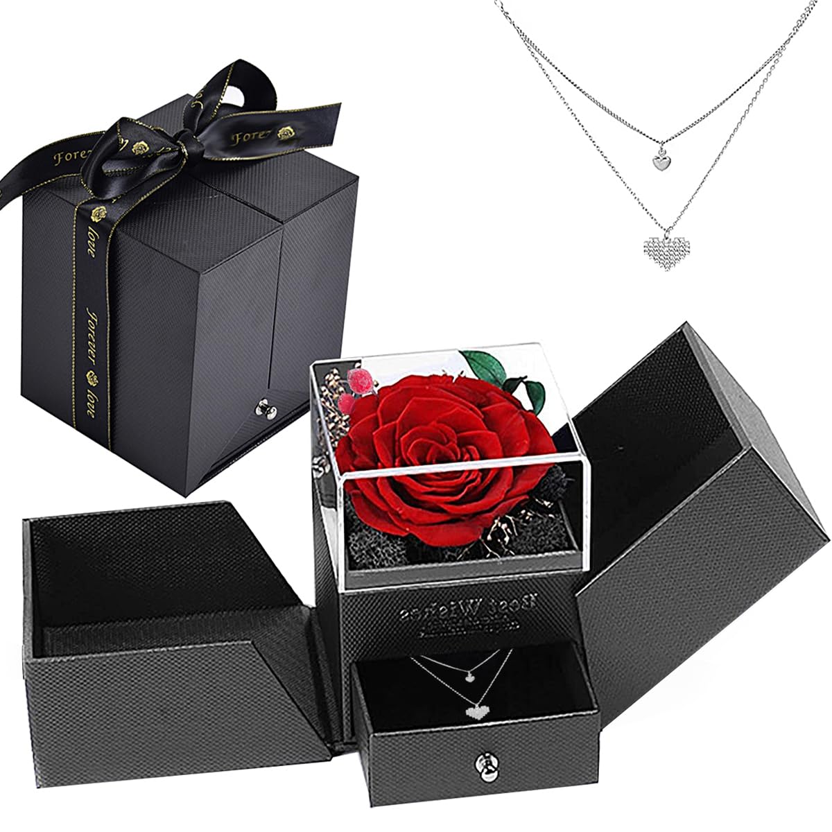 MoonmenMoonmen Handmade Preserved Rose Flower, Jewelry Storage Box and I Love You Necklace, Forever Rose Gift for Girlfriend/Mother/Wife on Anniversary Valentine's Day Mother's Day (Red Rose A)