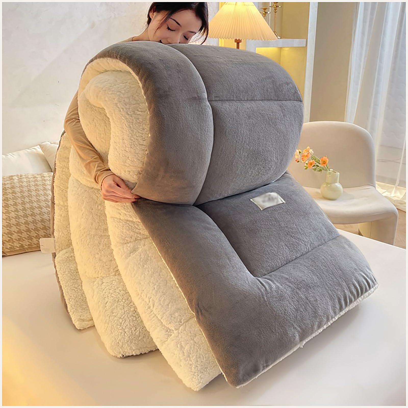 ZTGL King Size Heavy Warm Winter Sherpa Quilts - Super Soft Lambswool Comforter Core Bedding - Thickened Double Sided Fluffy Lamb Fleece Quilted Quilt Blanket,Gray,200x230cm(4.5kg)