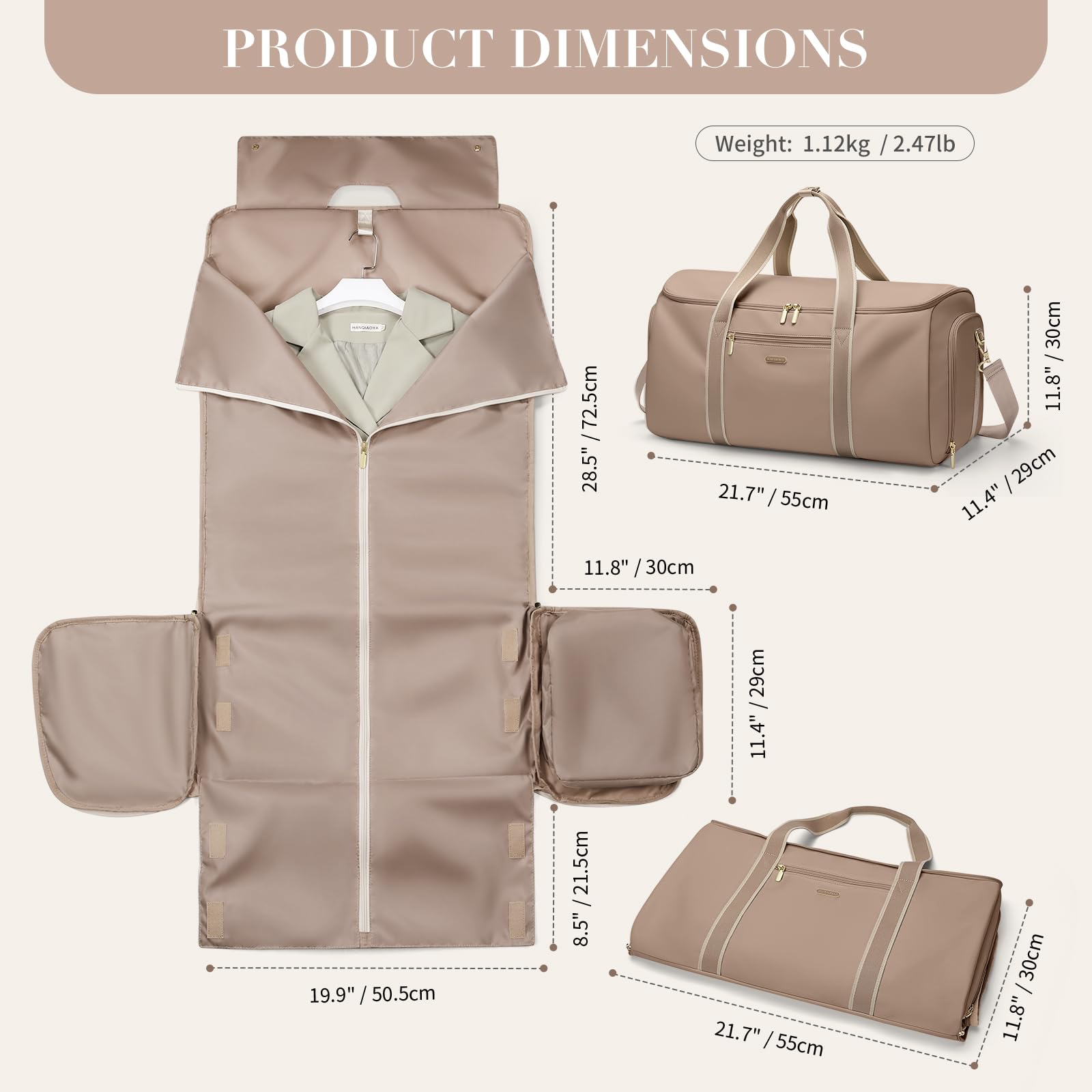 Bolsa de Viaje Convertible 2 en 1 Bolsa de Mano Bolsa de Ropa para Mujer Bolsas de Traje para Negocios, Viajes y Deporte (Champán)