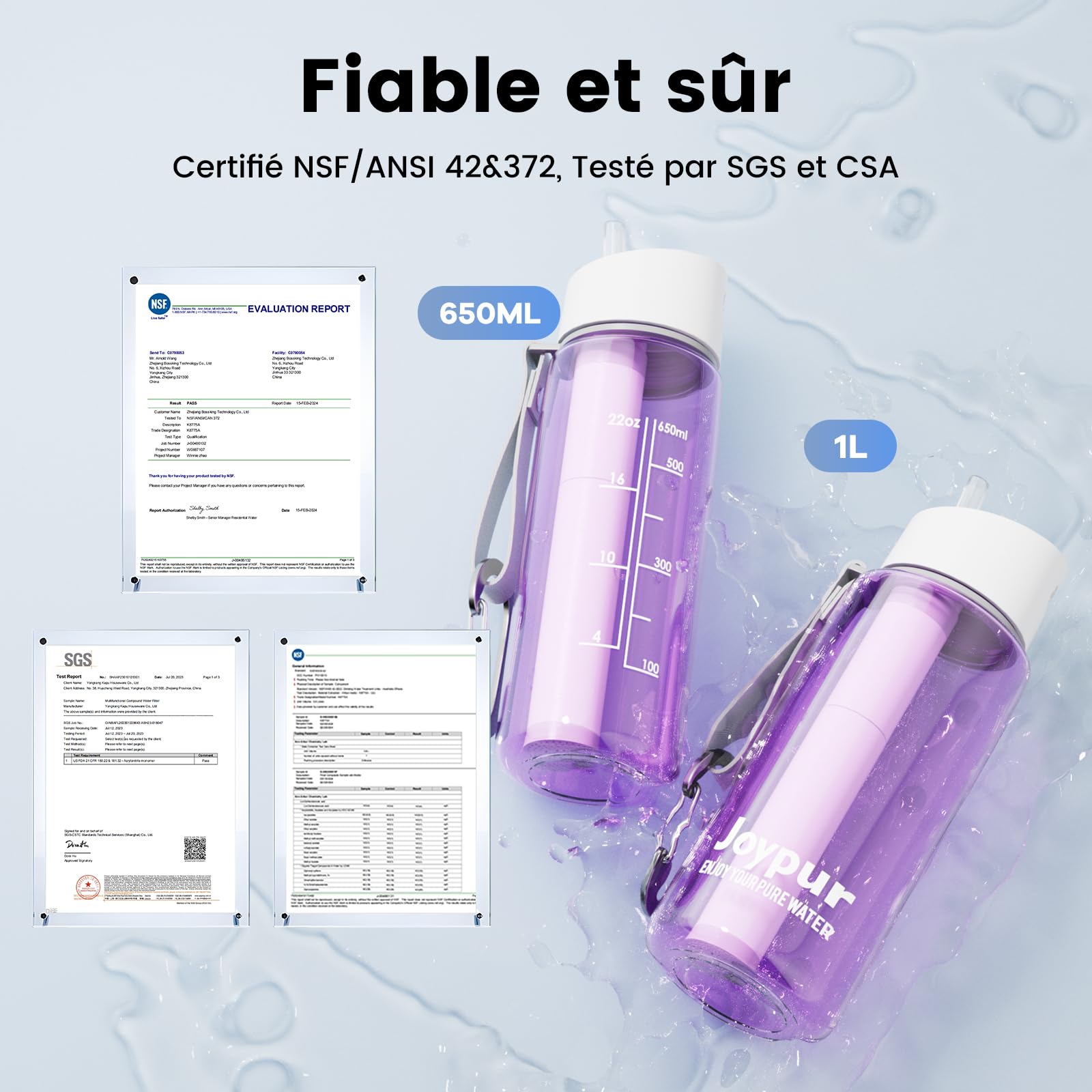 Gourde filtrante eau non potable Bouteille d'eau extérieure avec filtre 650 ml Filtre à eau de survie avec 5 couches de matériaux filtrants pour le sport Camping Randonnée,Violet