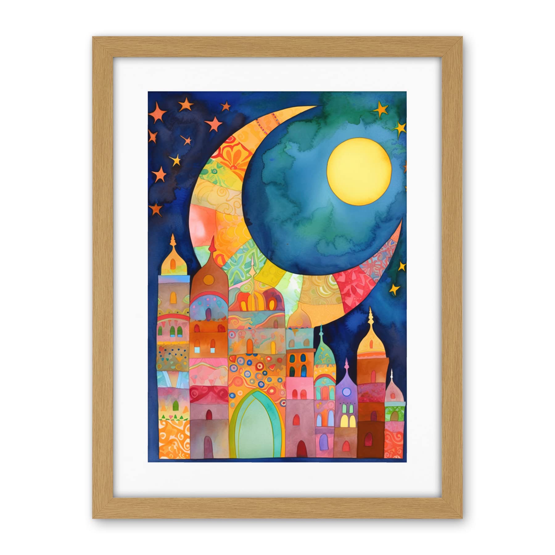 Artery8 Eid Crescent Moon Cityscape Folk Art Watercolour Painting Artwork Framed Wall Art Print 18X24 Inch