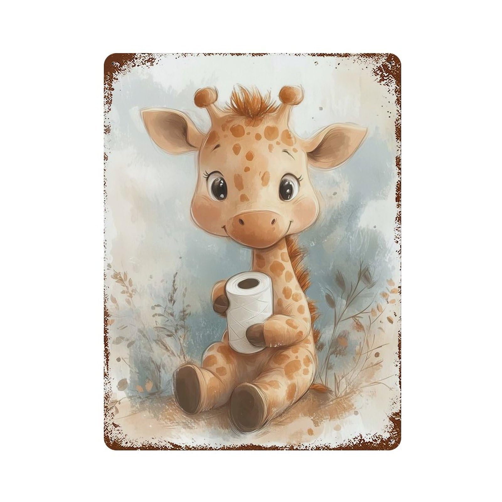 Cute Giraffe with Toilet Paper Roll Rust Effect Tin Sign 15.7"x11.8", for Bistro, Counter And Cafe Decor, Shabby Chic Decor