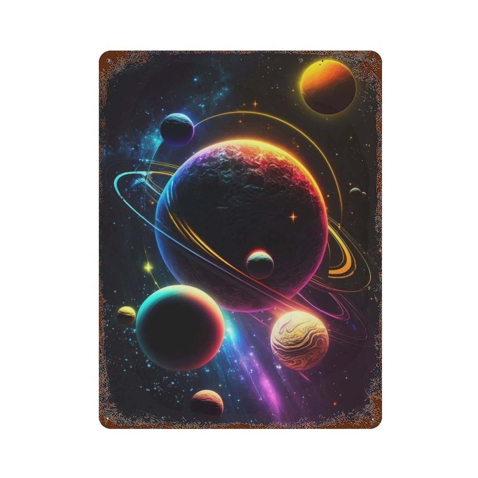 Neon Flying Astronomy 15.7"x11.8" Rust Effect Tin Sign, Industrial Home Decor for Living Room, Hallway And Home Decor