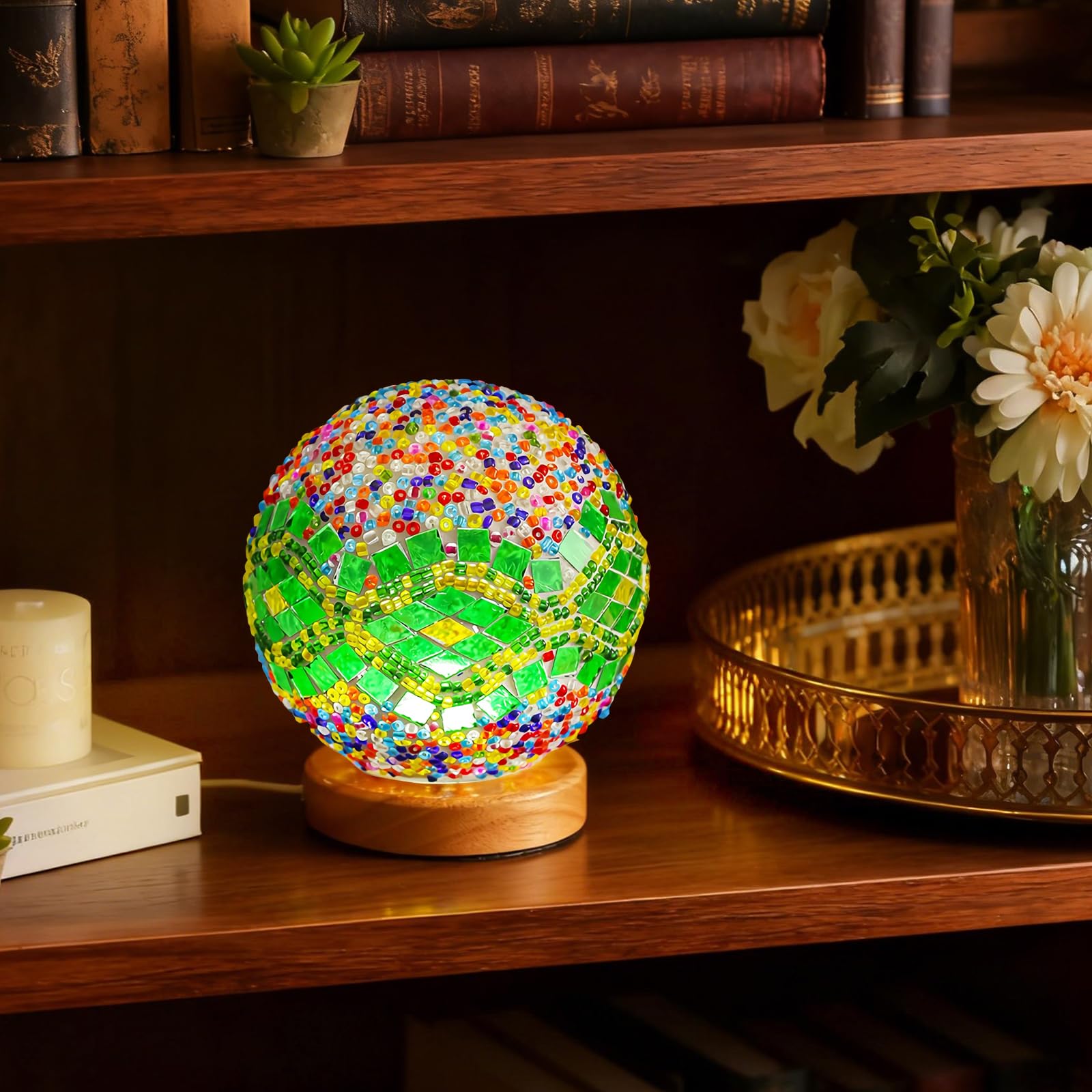 wpdash Vintage Mosaic Table Lamp Colorful Turkish Night Light USB Power Spherical Glass Lights for Holiday Party Romantic Date Ethnic Home Furnishings Decor(Baroque A - Green, Baroque) — image 1