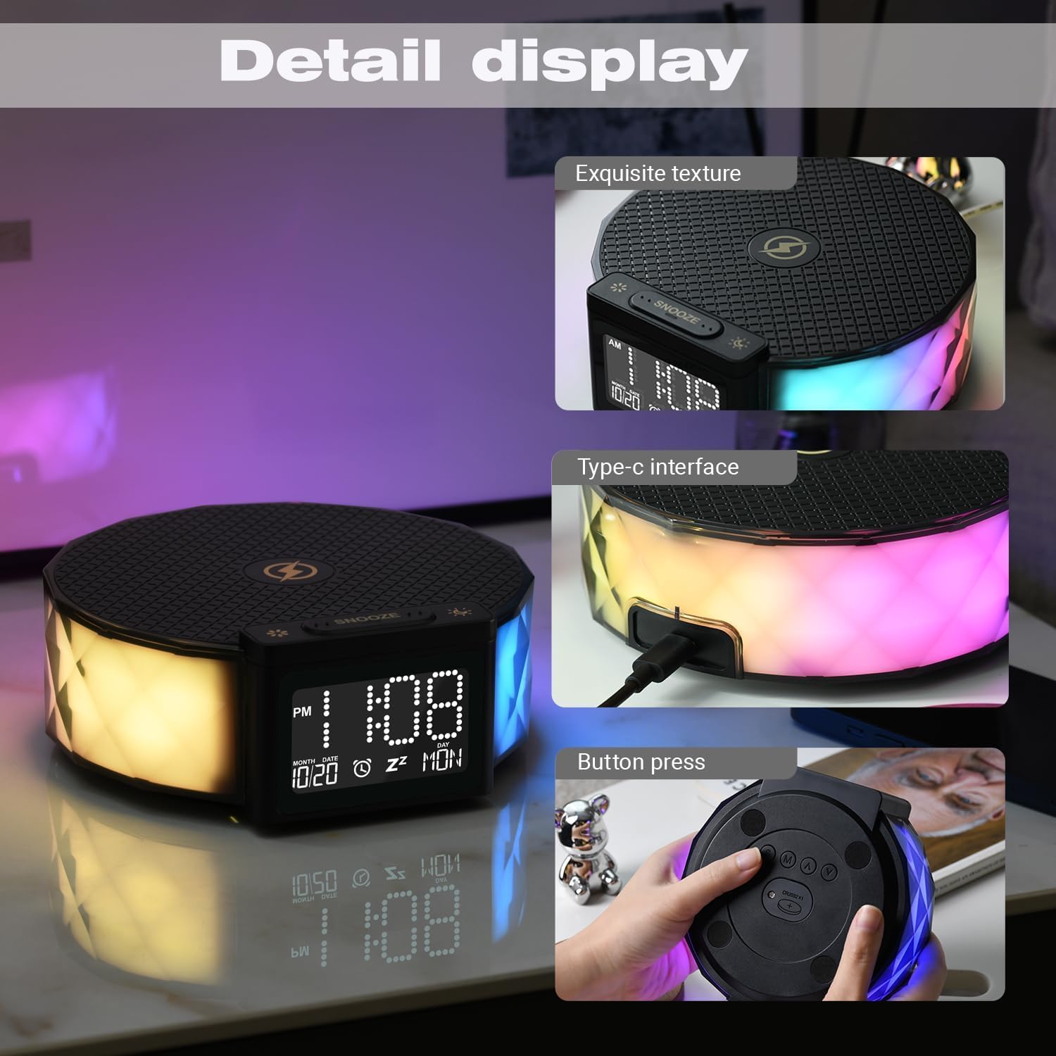 Nachttischlampe mit Ladefunktion RGB Dimmbar Touch Tischlampe Stimmungslicht 15W Wireless Charger Tageslichtwecker 3 Helligkeitsstufen Nachtlicht für Schlafzimmer Kinderzimmer Wohnzimmer Büro, Schwarz