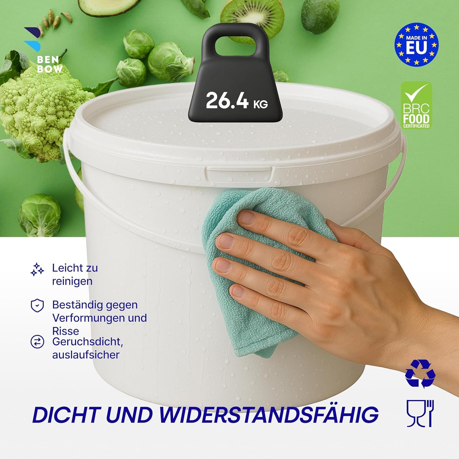 10 Liter Eimer mit Deckel, weiß, stapelbar, mit Lebensmittelfreigabe Set, 20 Stück