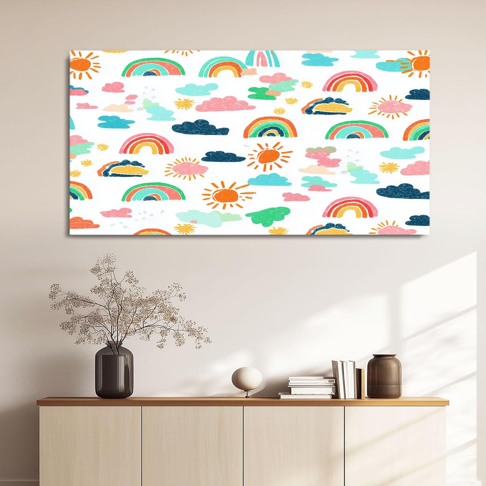 Genérico Impresión sobre lienzo de dibujos animados Cuadro Decoración de pared, Pintura 120 x 80 cm, blanco arco iris sol nubes – Carteles Art para sala de estar, dormitorio, cocina, oficina