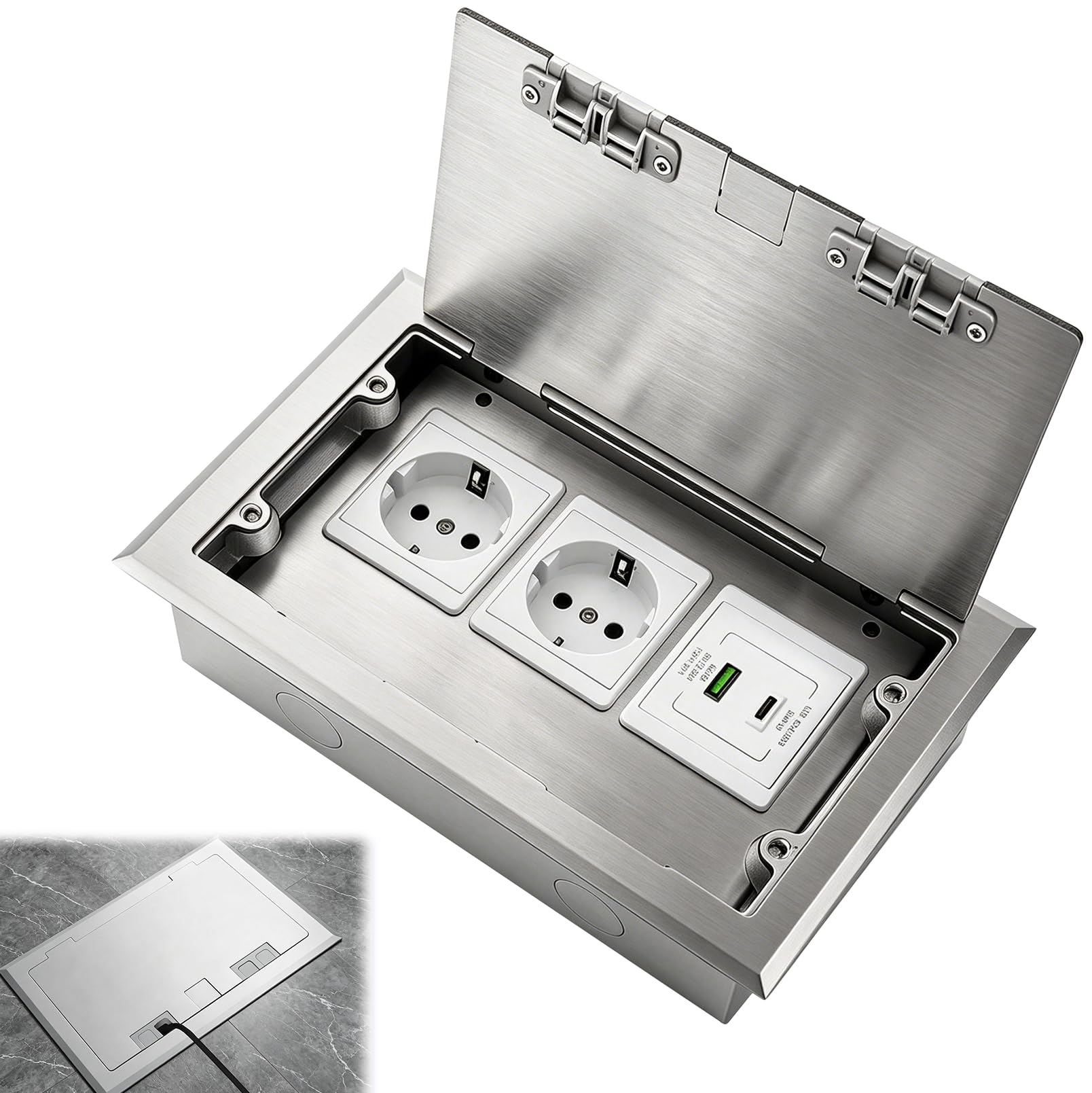 Scatola di Prese da Pavimento, Set di Scatola da Pavimento da Pavimento in Acciaio Inox 16A 4000W con 2 Prese AC & 1 USB-A & 1 USB-C, Presas da Incasso AC 250V a Scomparsa per Uffici, Hotel, Scuole | Presa da incasso a scomparsa, CA 250 V, con 2 prese AC
