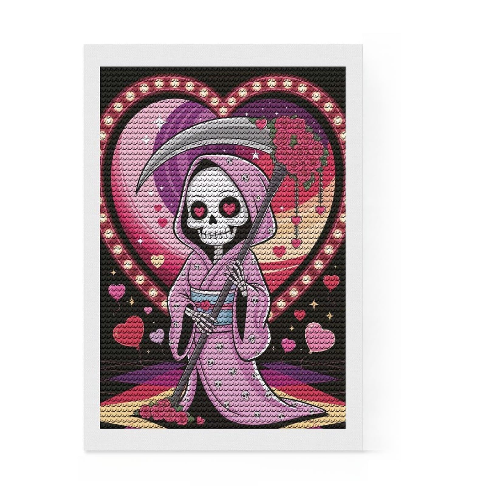 Junmoney Grim Reaper in Love Diamond Painting Kit 8"x12", Bedroom Decor, Round Gems, Full Kit Included, Relaxing Handmade Project