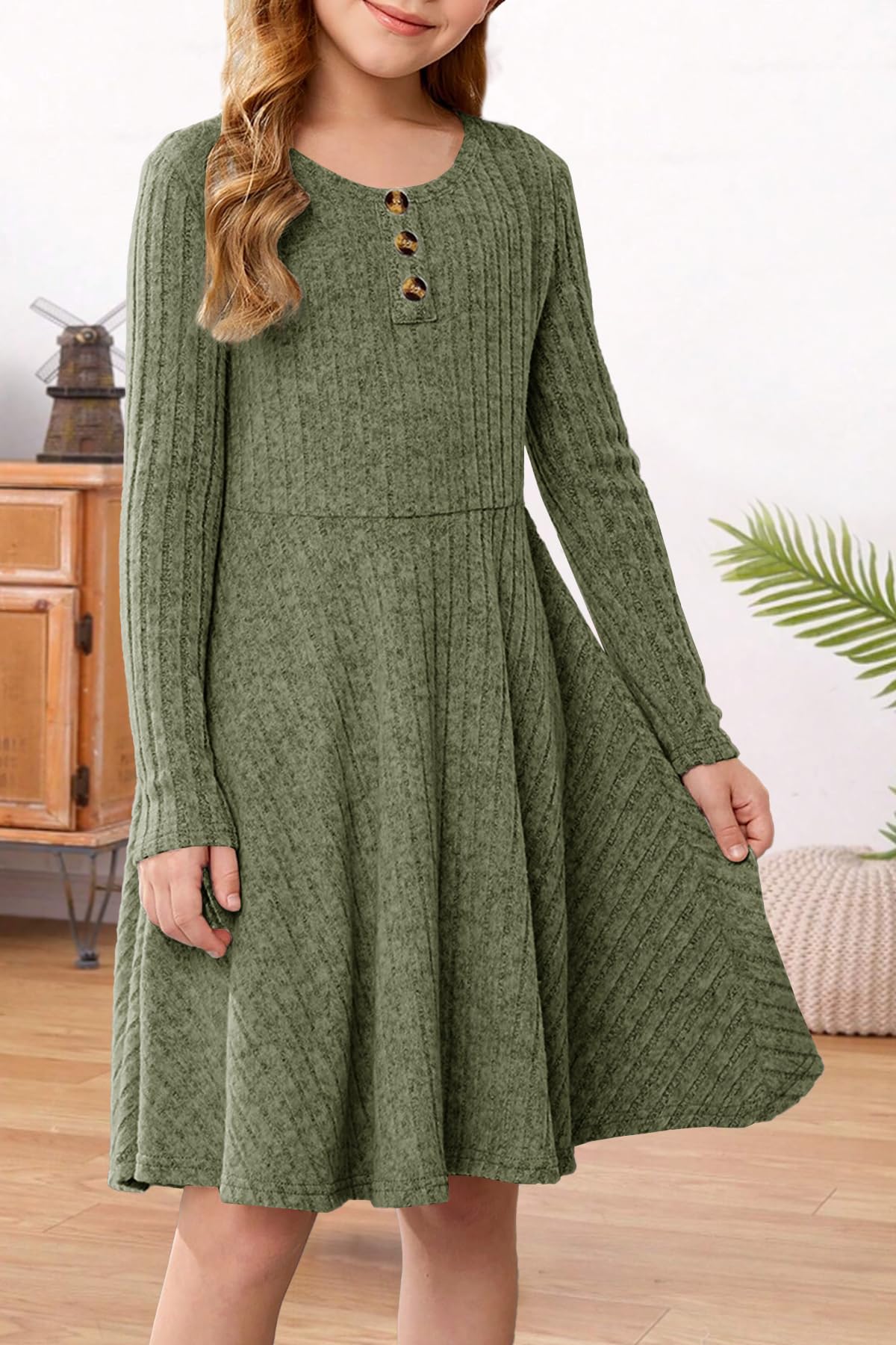 YOVION Vestido de otoño de manga larga con cuello redondo y botones, casual, acampanado, de punto acanalado, con bolsillos, para niñas de 6 a 12 años