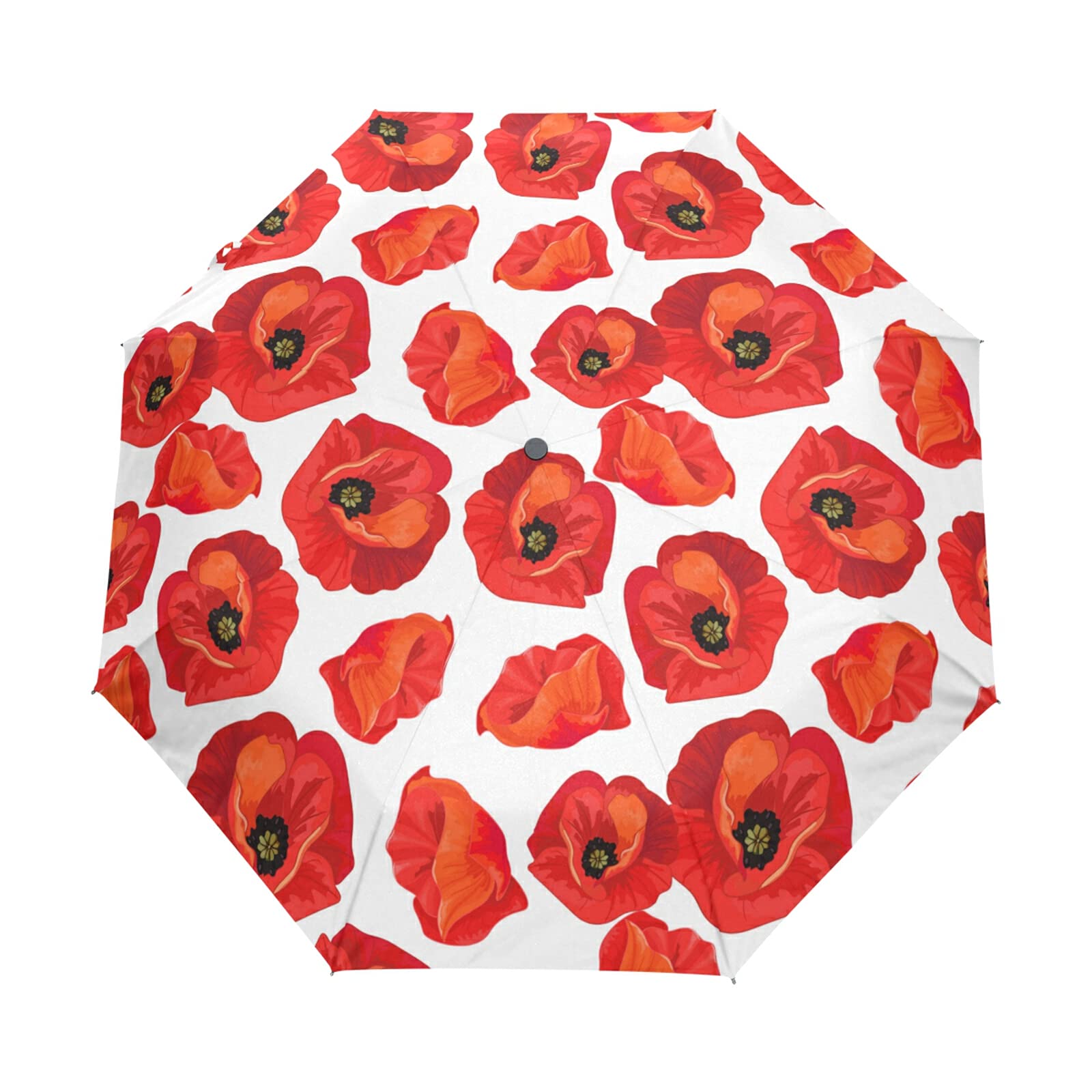 Poeticcity Red,White Seamless Floral Red Poppies Summer Floral Pattern On White Automatic Folding Umbrella, Portable Strong Travel Rain Umbrella, Auto Open/Close Lightweight Compact Sun Anti-Uv Parasol