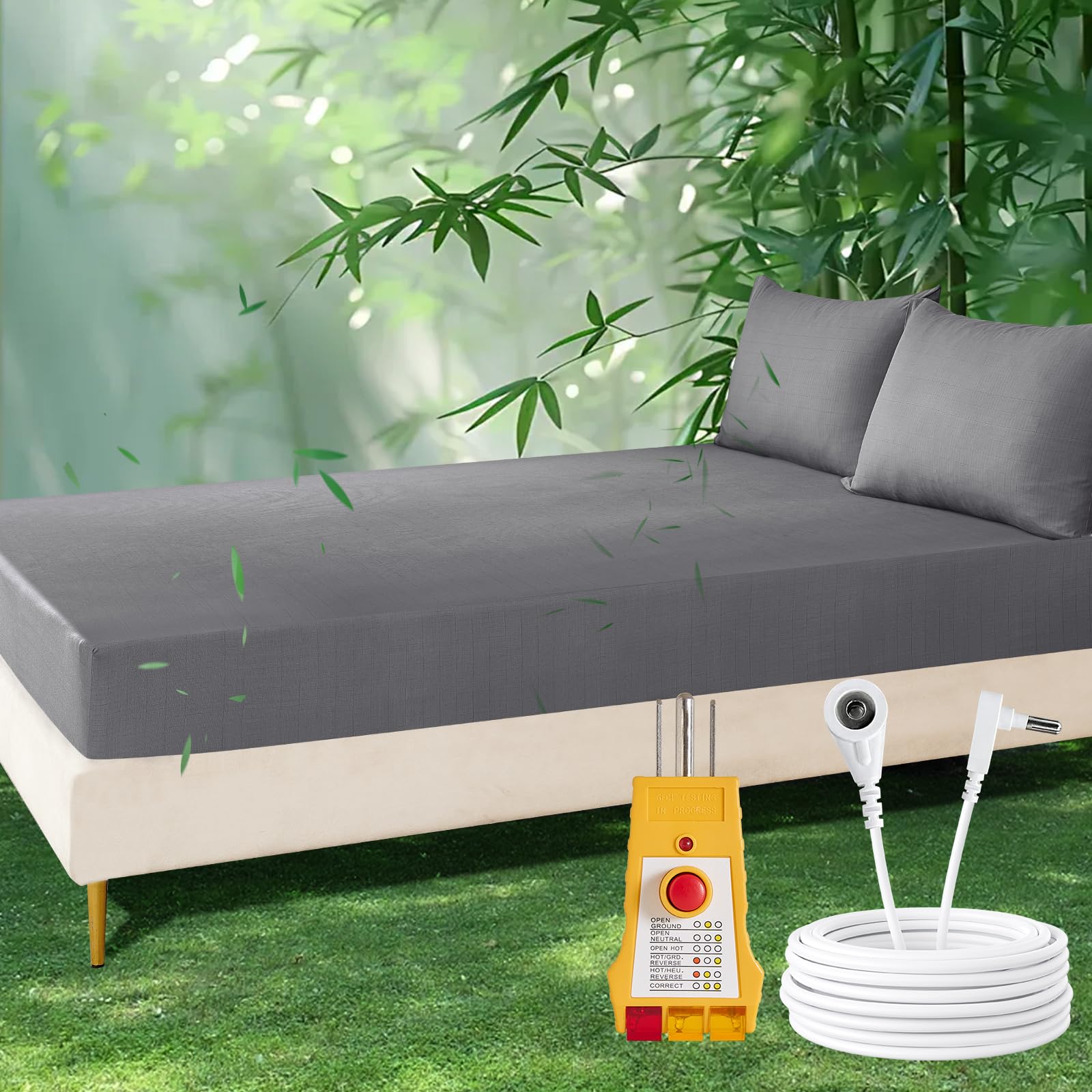 Grounding Sheets King, 90% Viscose Derived from Bamboo & 10% Silver Fiber Grounded Bed Sheets, 15inch Deep Pocket Grounding Fitted Cooling Sheets with Tester &Cord - Grey, 77"x80"x15"