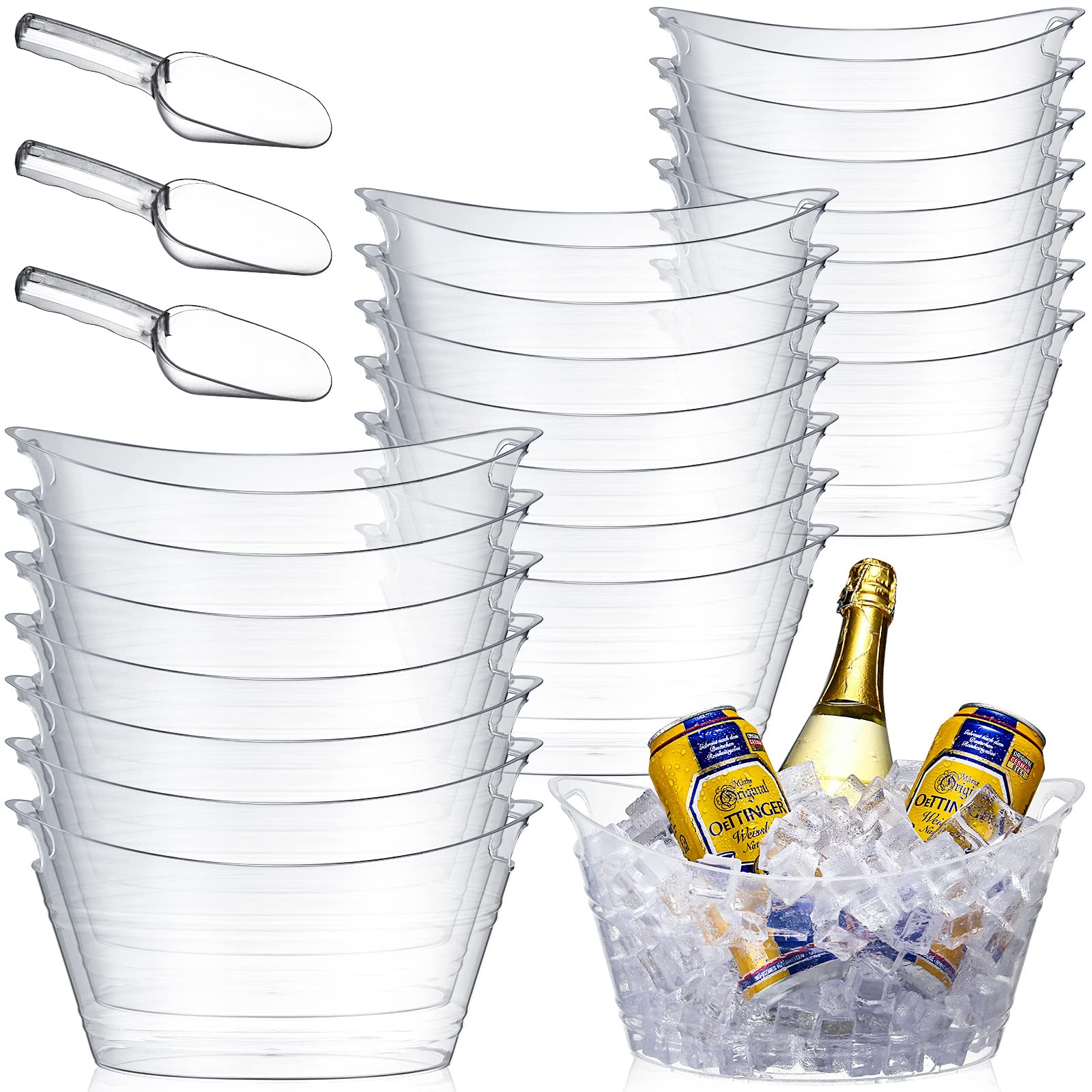 Geelin 12 Pcs Plastic Ice Bucket Ice Tub Clear Wine Champagne Wine Bucket Beer Bucket Drink Bucket Cooler Chiller Bin Parties Oval Storage Tub with 3 Ice Scoops for Cocktail (Clear)