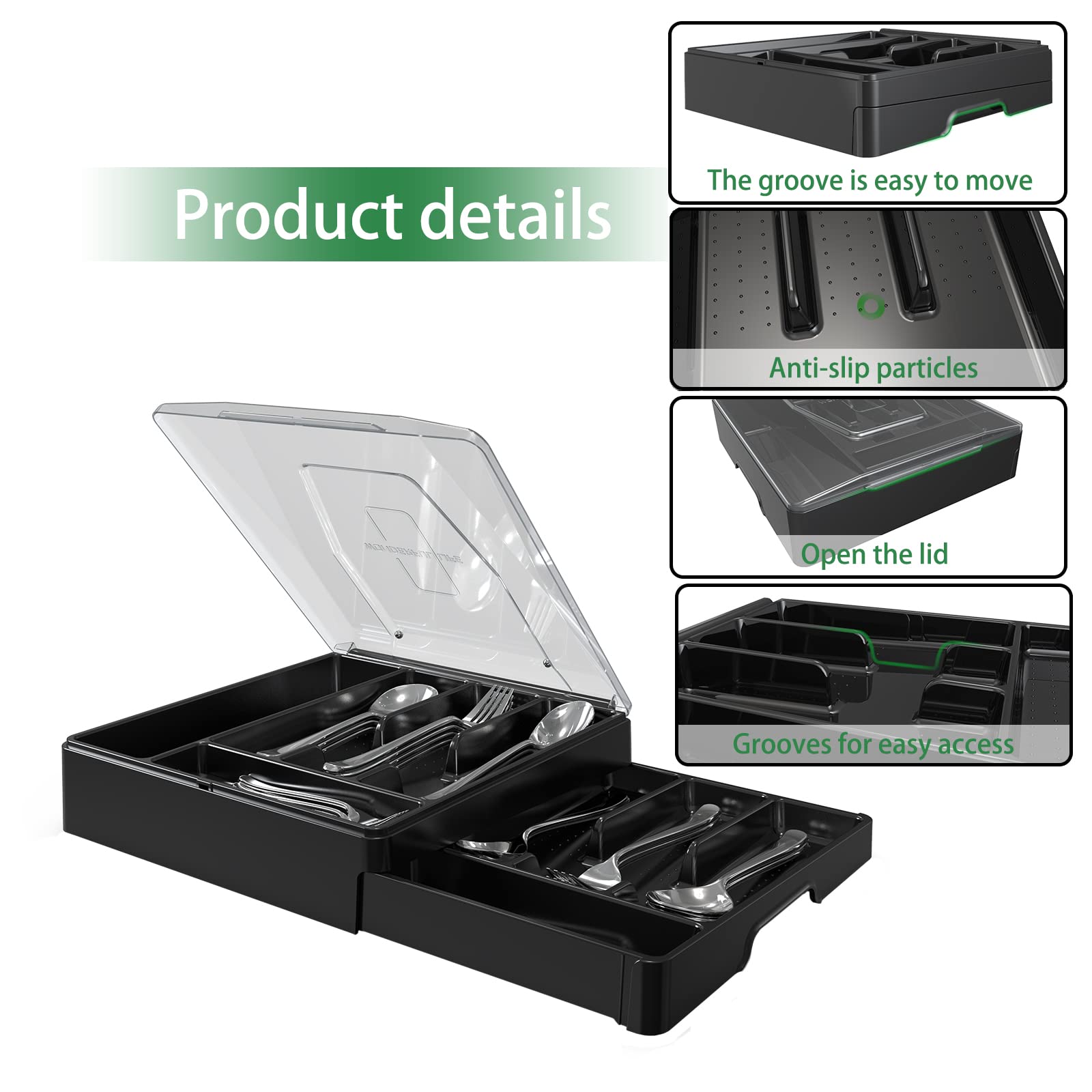 Bandeja de cubiertos de doble capa con tapa, soporte para utensilios para encimera, organizador de cubiertos para cajones de cocina con bandeja de cubiertos de 2 niveles y 9 compartimentos