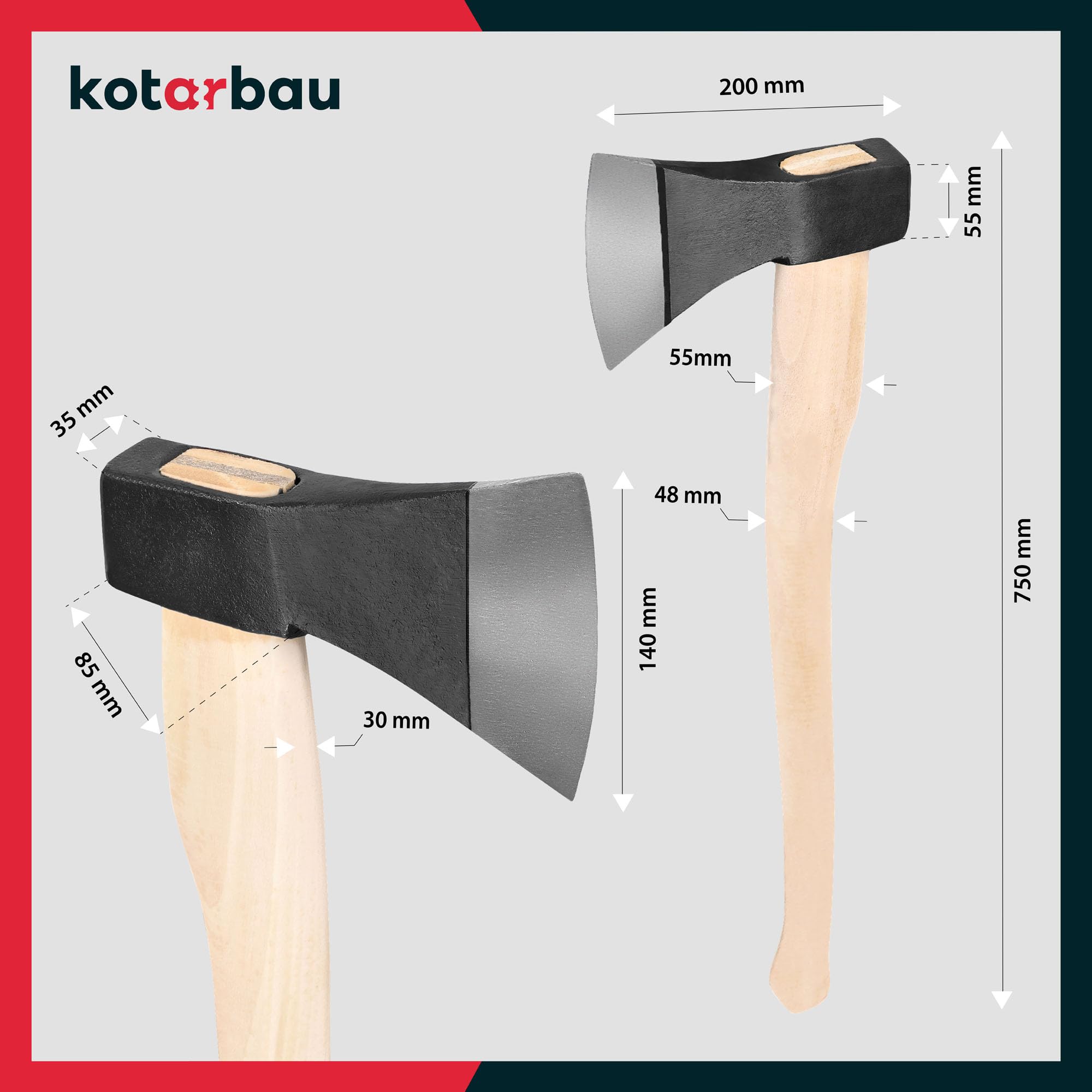 KOTARBAU® Hacha forjada 1,8 kg Longitud total 783 mm con mango de madera Hacha para hendidura de madera Hacha de cañón Martillo de madera