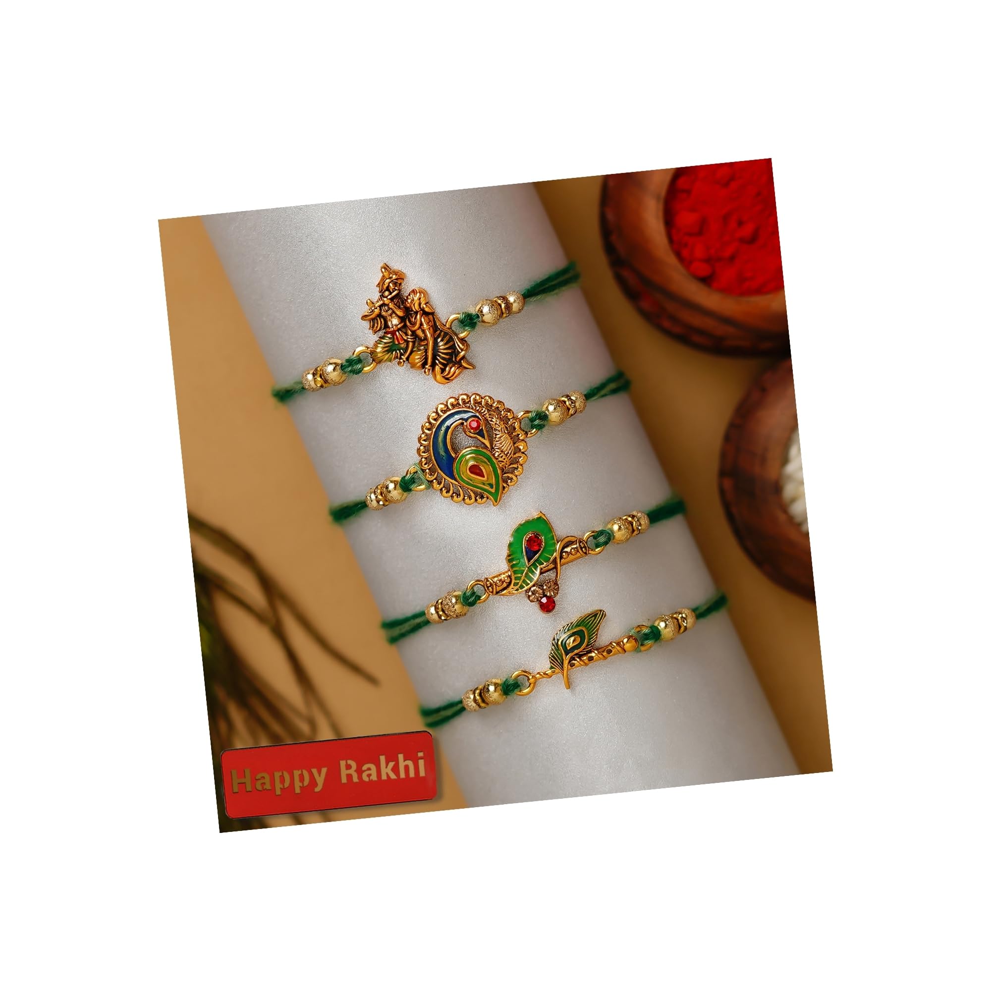 eCraftIndia Multicolor Set of 4 Radha Krishna Playing Flute, Peacock, Krishna Flute, Peacock Feather Designer Religious Rakhis with Roli Chawal Pack and Happy Rakhi Wooden Cutout