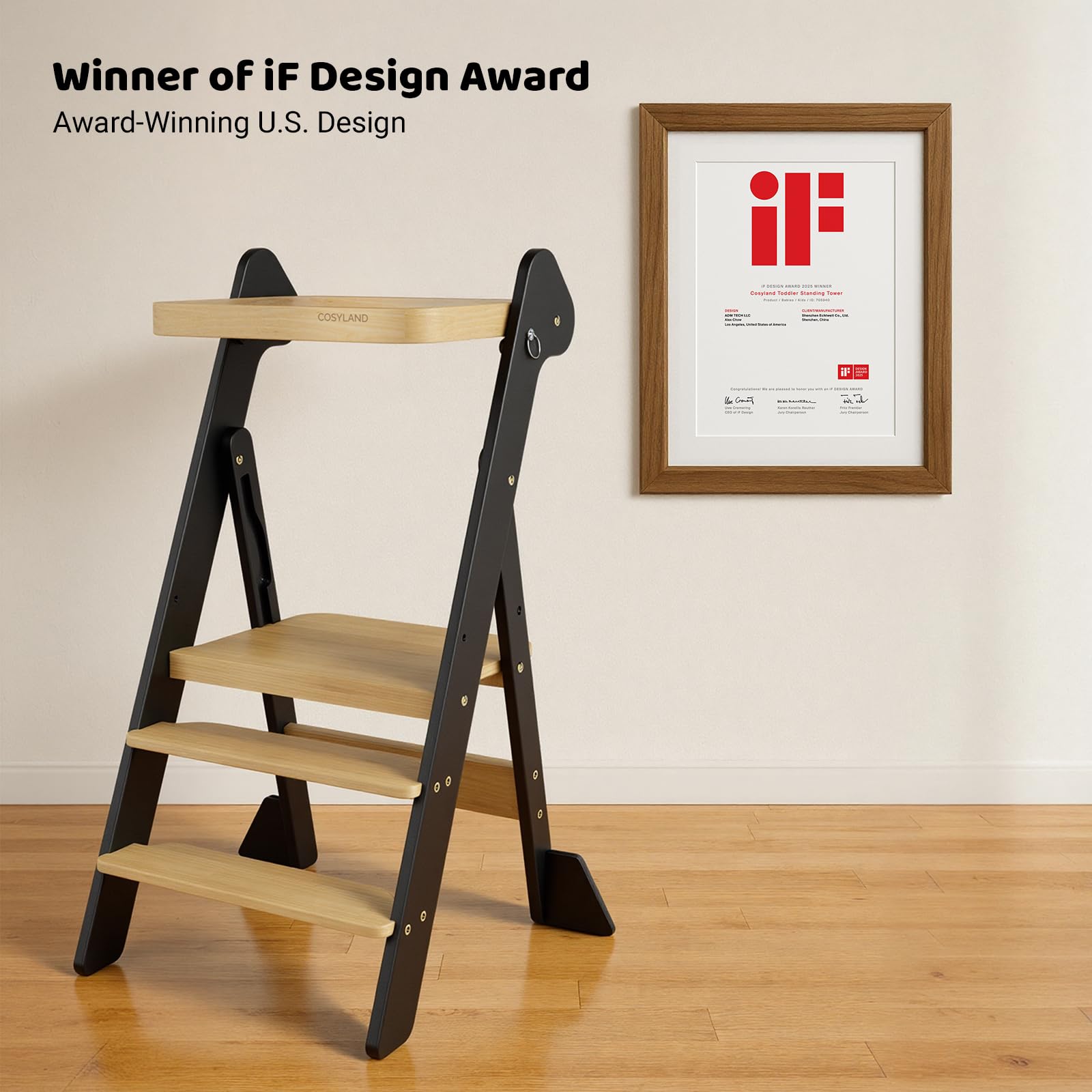 COSYLAND Składana Wieża Edukacyjna z Drewna od 1 Roku – Laureat Nagrody iF Design, z Siatką Zabezpieczającą i Regulowaną Wysokością, Idealna do Kuchni i Łazienki (Czarny i Naturalny)