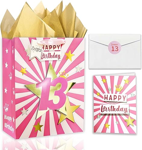 Bolsa de regalo de cumpleaños número 13 con papel de seda, bolsa de regalo de cumpleaños rosa de 13 pulgadas con tarjeta y papel de seda, regalos de