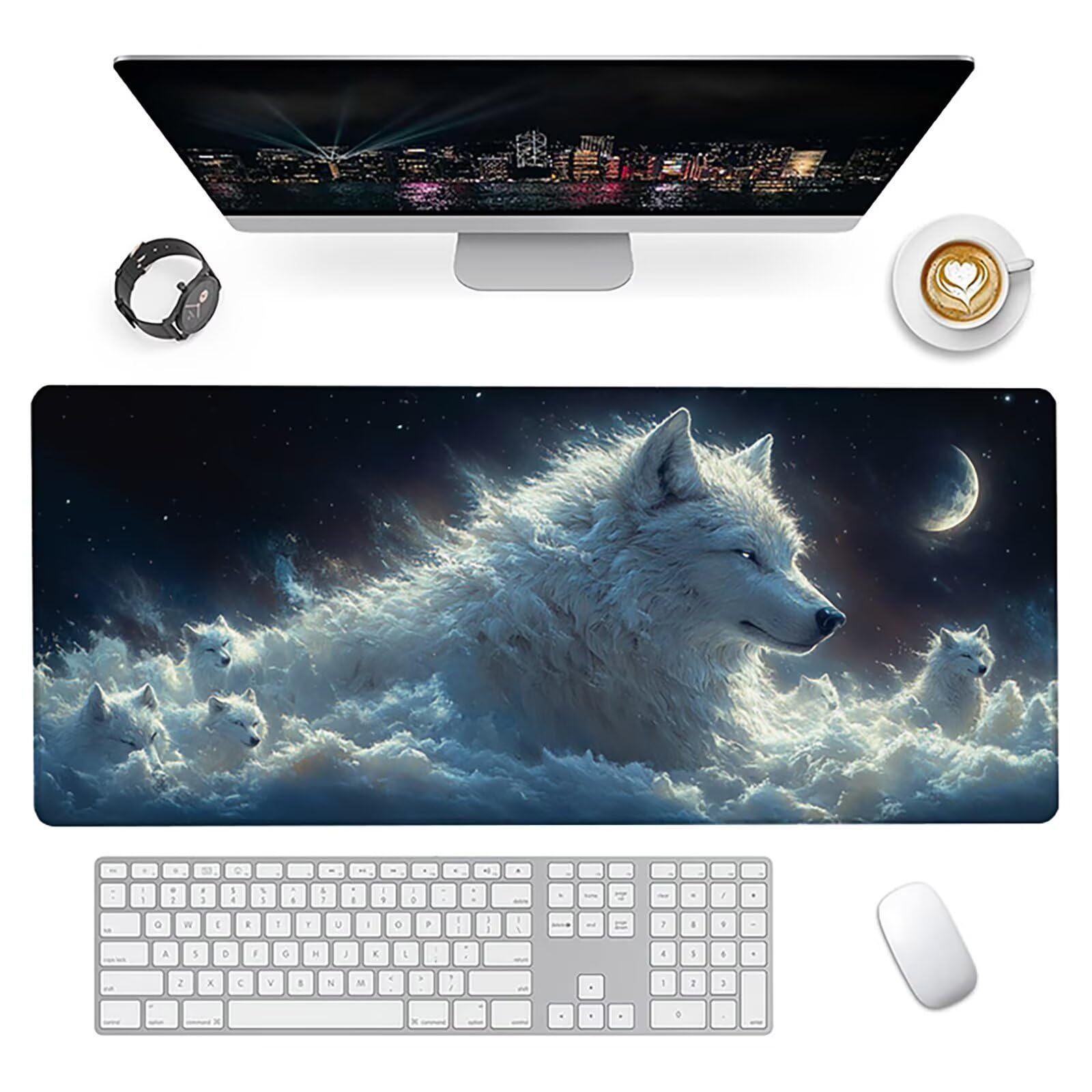 Podkładka pod mysz Moon XXL 1500 x 800 x 3 mm, podkładka pod mysz do gier z wilkiem, podkładka pod mysz z gumową podstawą, podkładka pod mysz dla graczy ze szwami na krawędziach, akcesoria dla graczy