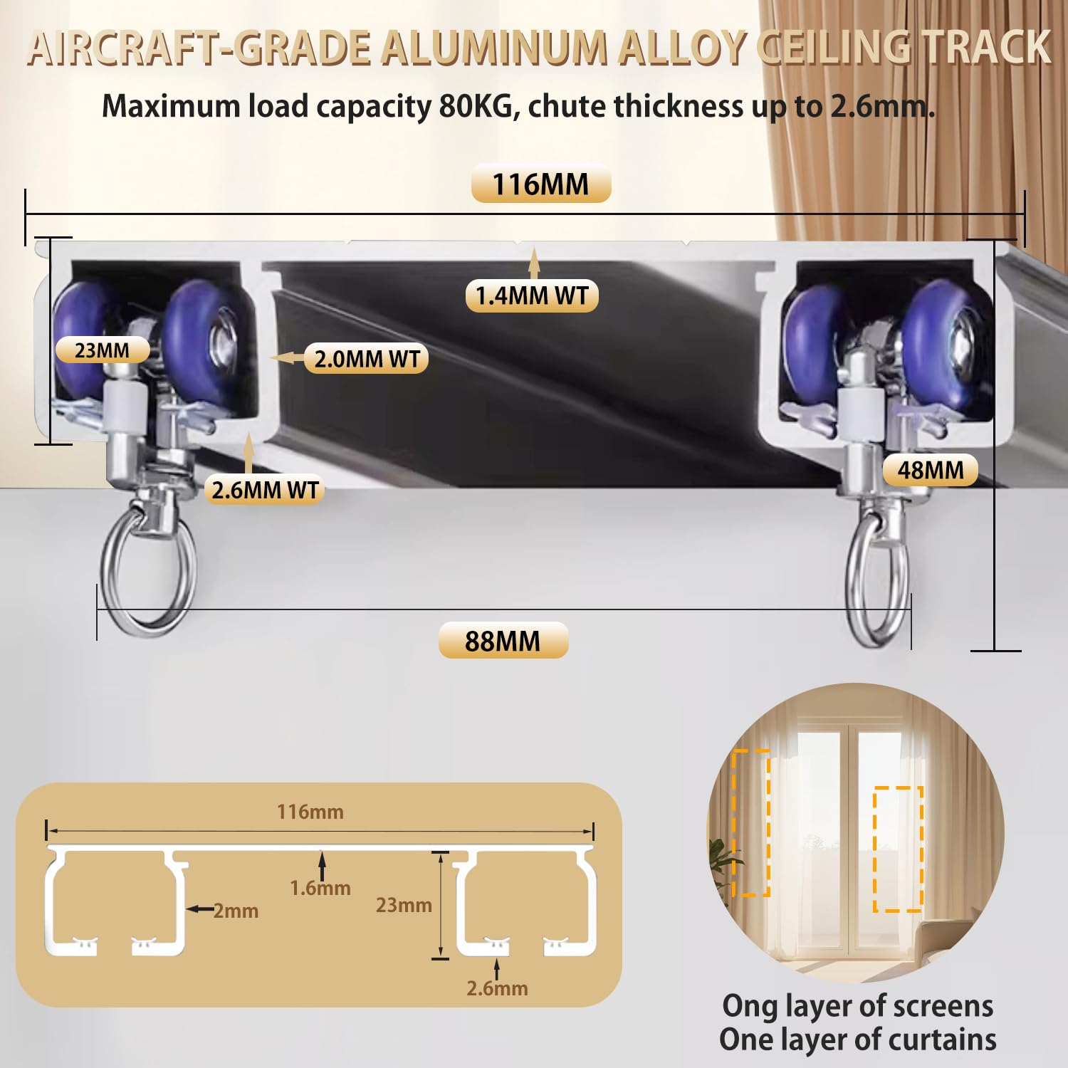 Du CeilingTrack - Diseño de doble fila de 2,7 m / 8.6ft, ideal para dormitorio, sala de estar, ventana, hotel, divisor de habitación