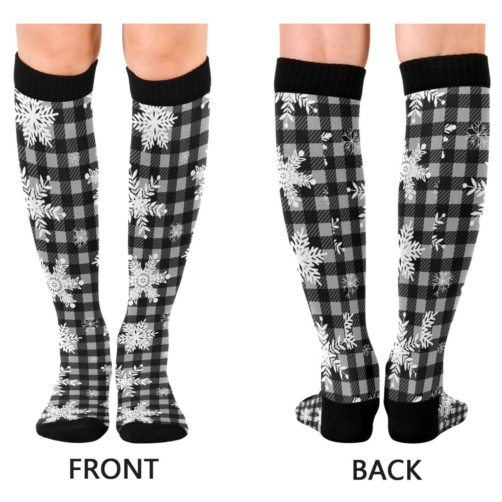 1 Pair Unisex Compression Crew Knee Soft Circulation Socks High Sock Long Athletic for Running,Travel,Cycling Print White Snowflakes Seamless On Black White Checker Plaid