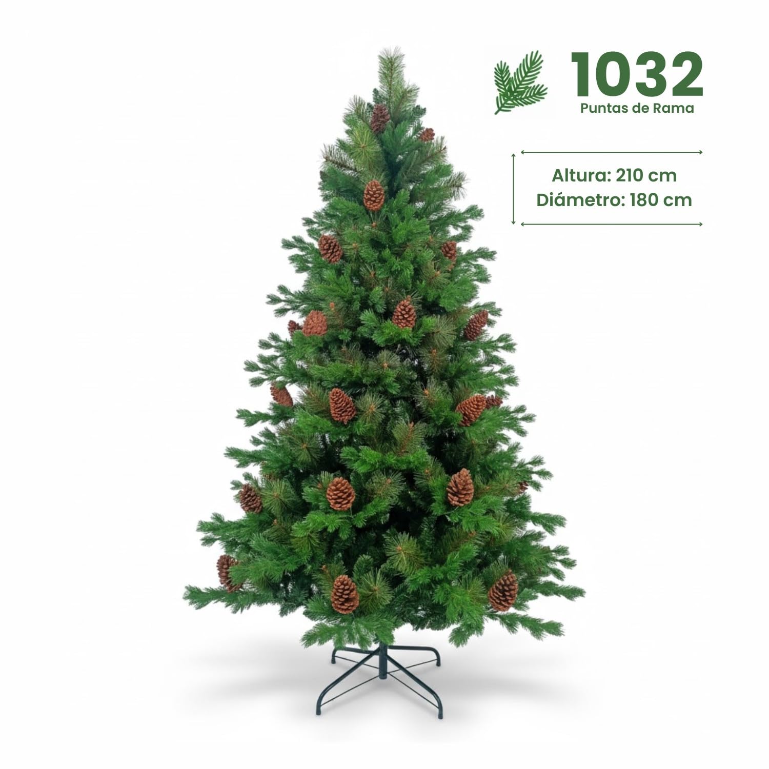 DAYRON - Árbol de Navidad Artificial Verde con Ramas Abatibles y Soporte Metálico Plegable, Decorado con Piñas Naturales, Disponible en 180 y 210 cm, Montaje Rápido y Fácil de Guardar