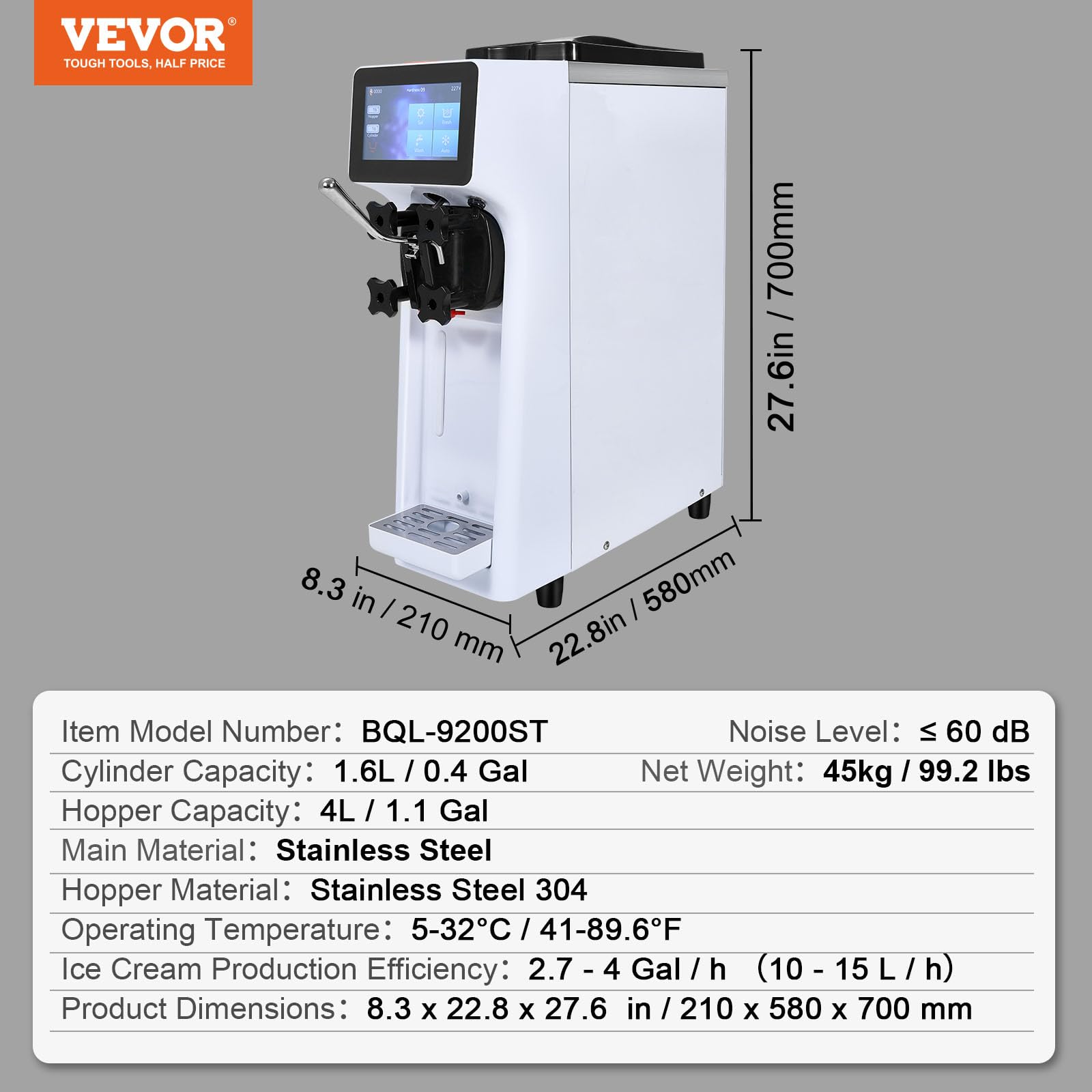 VEVOR Máquina de Helados Comercial 10 L/h 900 W Sabor Único Máquina de Helados Italiana Tolva de Acero Inoxidable 4 L Preenfriamiento Automático de Pantalla Táctil para Restaurante Bar Mercado Tienda