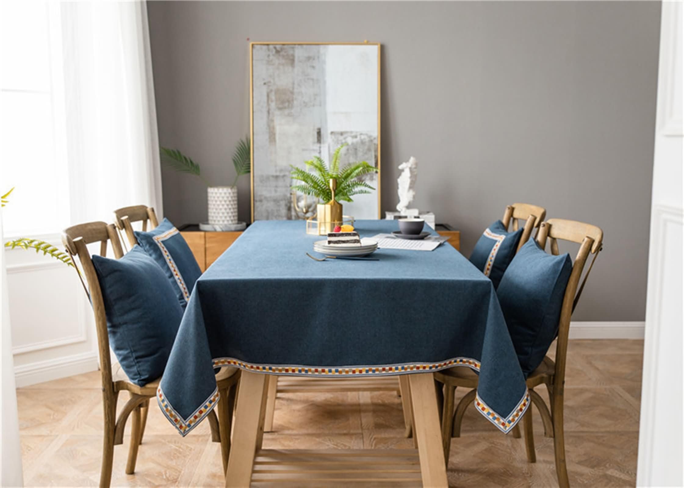 Tischdecke Rechteckige für Balkontisch 130 W x 240 L cm,Tischwäsche Tisch Blau Einfarbig mit Gestickte Bordüre Baumwolle Leinen Garten Tischdecken für Draußen