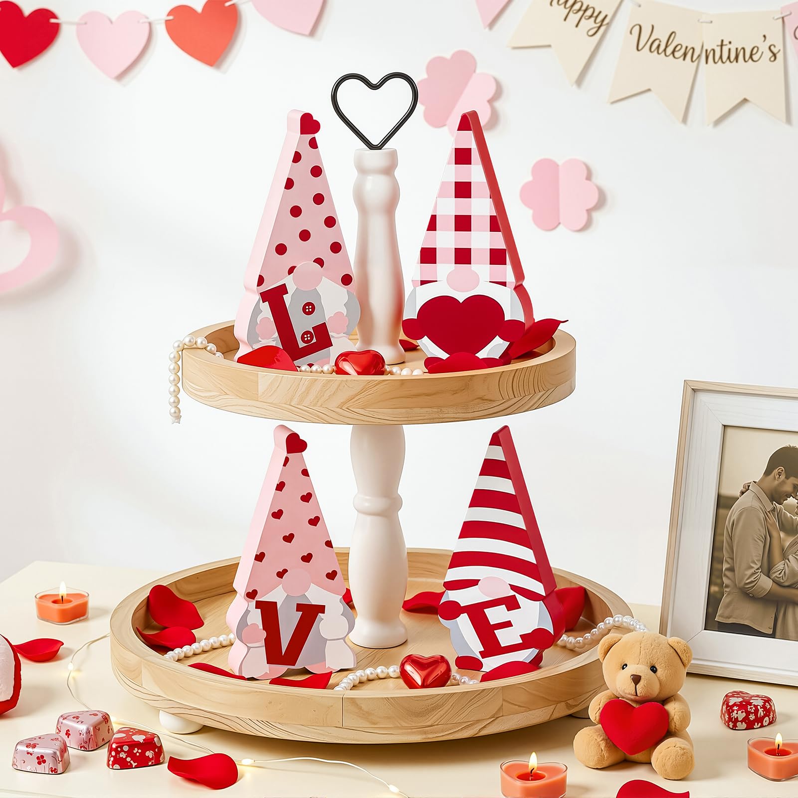 Decoraciones para el día de San Valentín – 4 letreros de gnomo de madera, decoración de bandeja escalonada de madera roja y rosa, bonita decoración del día de San Valentín para el hogar,