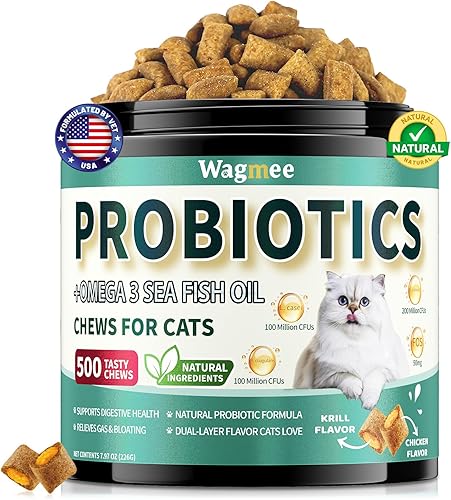 Probióticos masticables sabrosos para gatos, 500 masticables de textura crujiente y cremosa, aceite de pescado Omega-3, salud de la piel y el