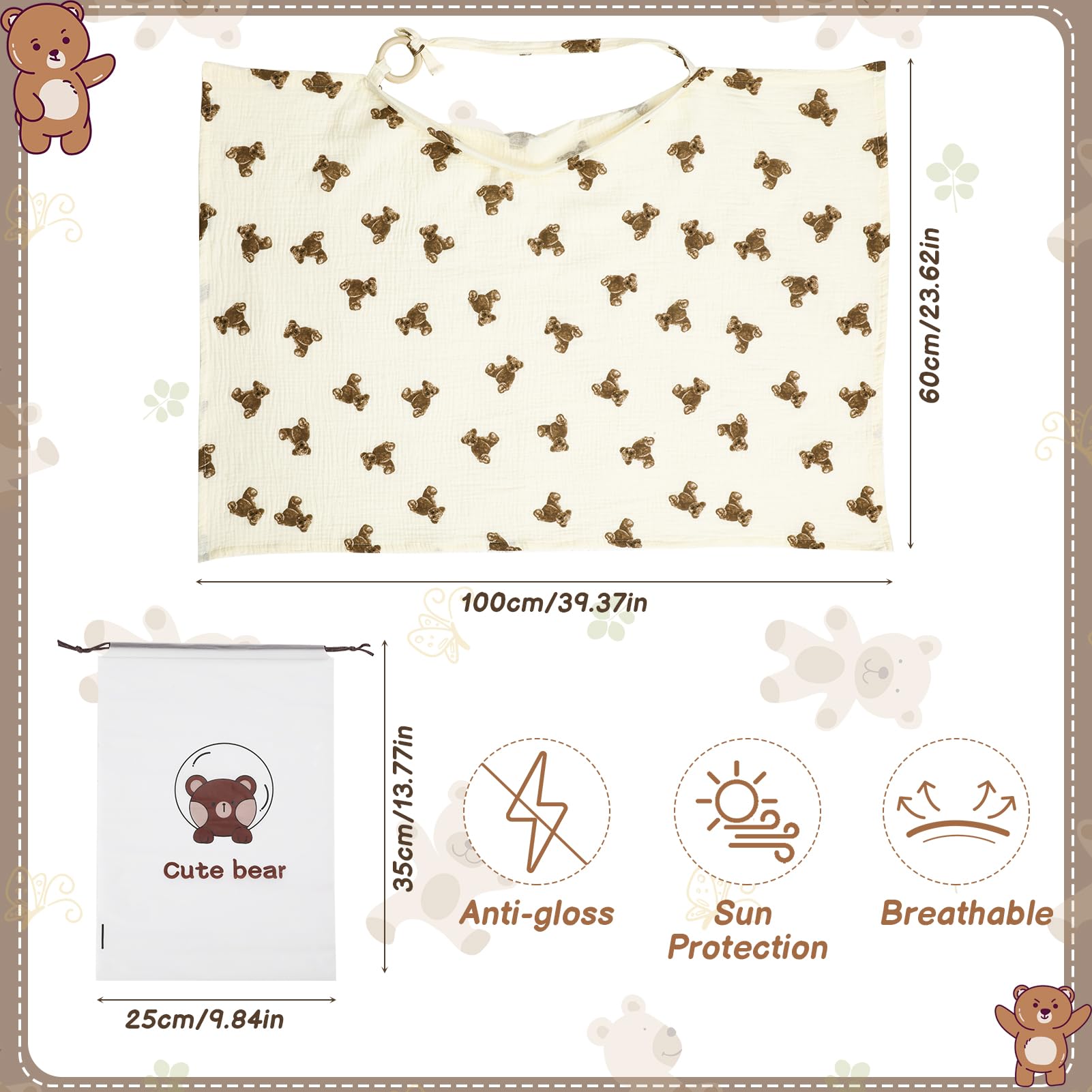 GSrenyu Breastfeeding Cover,Breathable Baby Nursing Cover Cotton Baby Breastfeeding Poncho with Adjustable Strap for Moms in Public(Bear) - Image 2