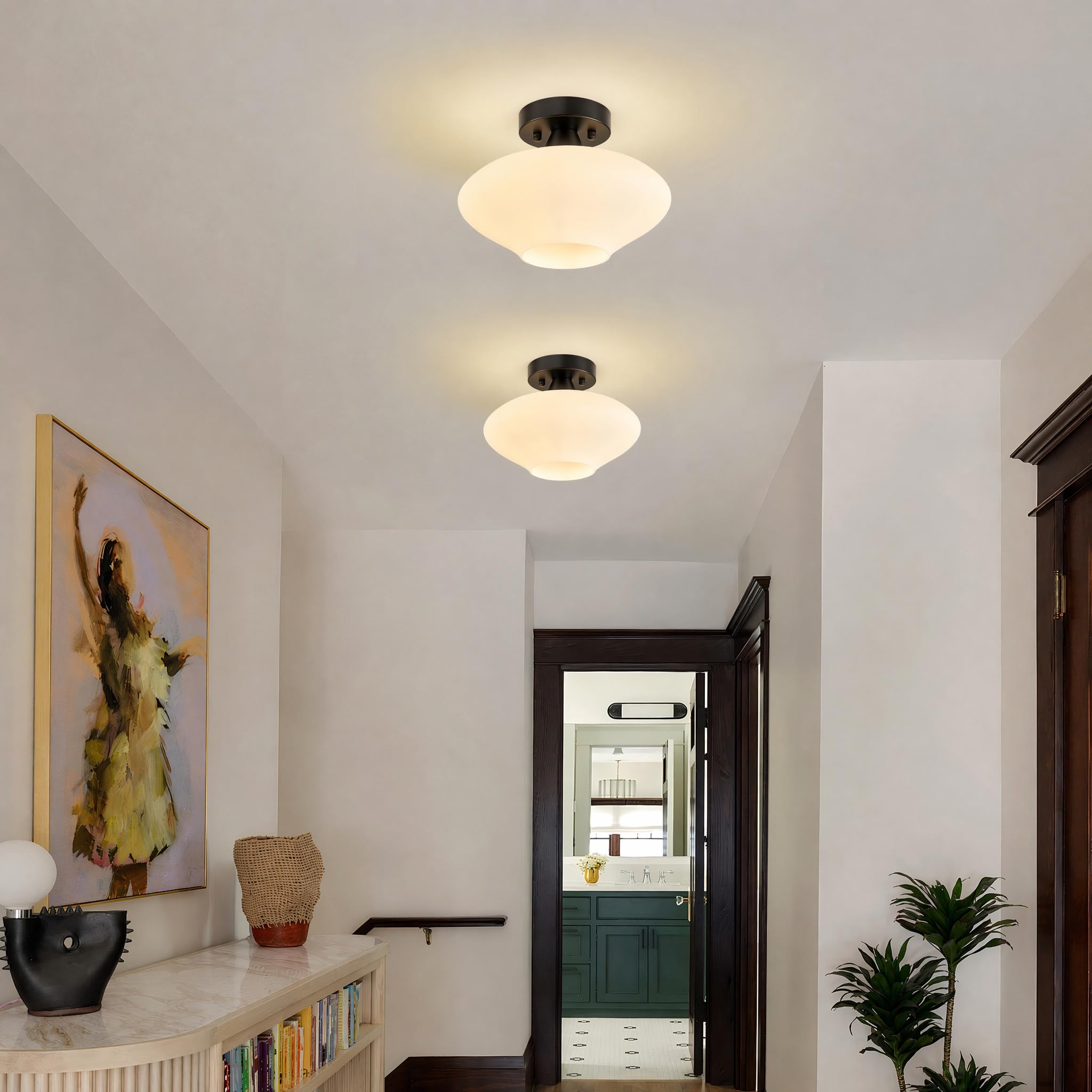 27cm Moderne Schwarz Metall Deckenlampe, Milchweißer Glasschirm