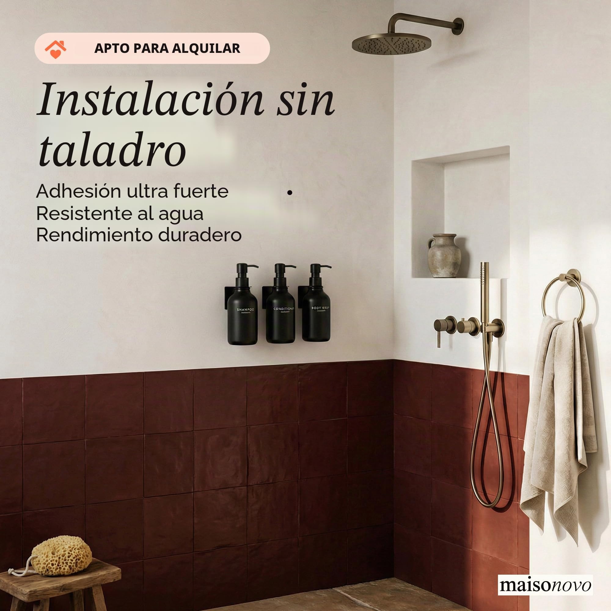 MaisoNovo Dispensador de champú y acondicionador - Dispensador de jabón para Ducha montado en la Pared, Juego de 3 Botellas de plástico Negras con Bombas de plástico Negras