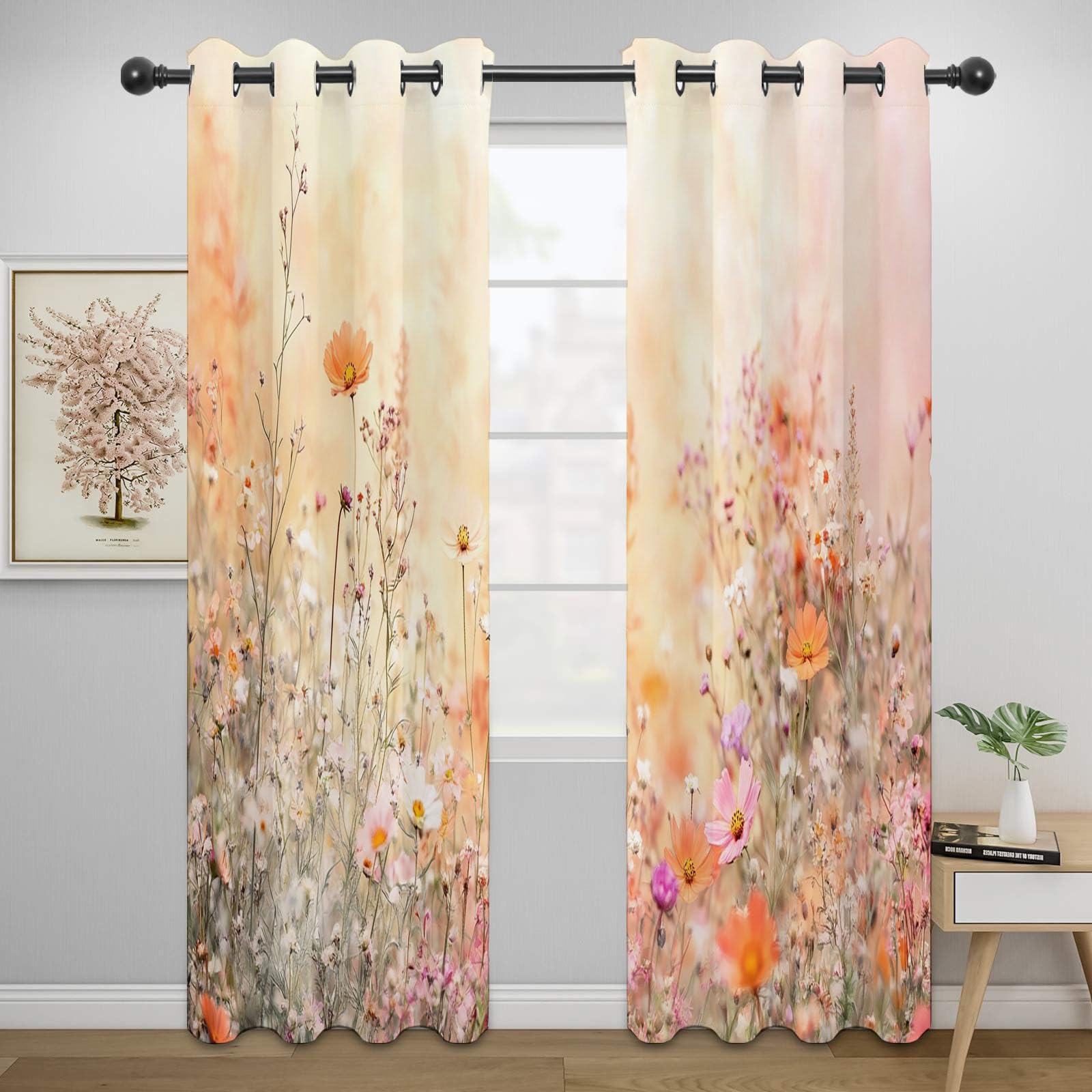 Zestaw 2 zasłon kwiatowych, półprzezroczyste, do salonu, sypialni, okna, wys. 230 x dł. 130 cm (2 panele)