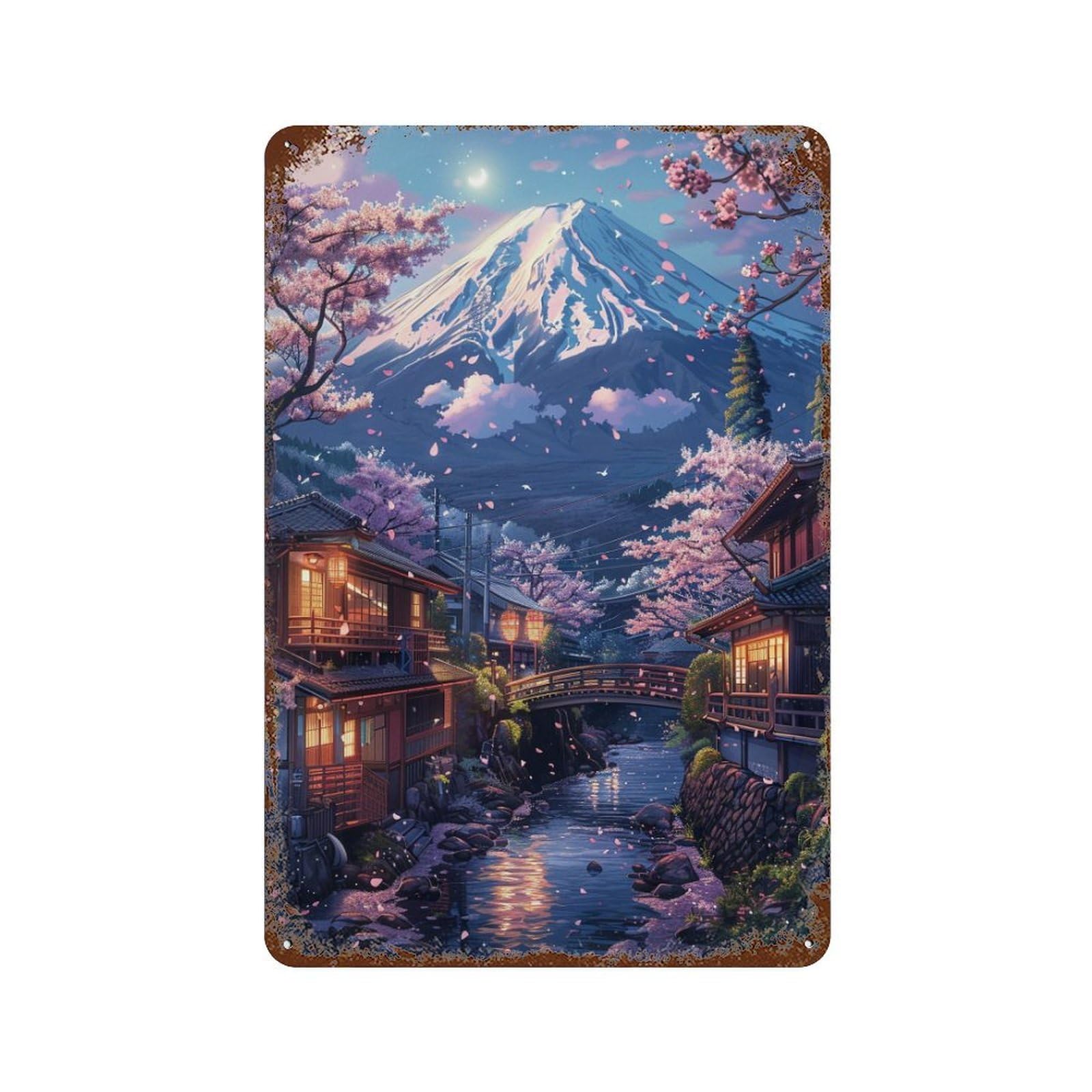 Cherry Blossom Village with Mount Fuji Vintage Metal Tin Sign 11.8"x7.9", Rustic Home Decor for Garage, Bar And Workshop Decor