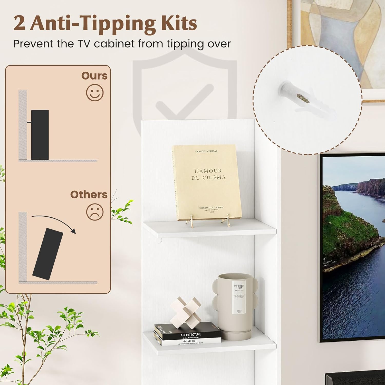 Giantex Book Shelf TV Stand for 50 Inch TV, L-Shaped Entertainment Center with Storage & Adjustable Shelf, Modern TV Console Table for Living Room, Bedroom, White