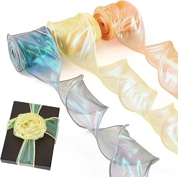 Beadthoven 30 Yards Organza Iridescent Ribbons, 2-3/8 Inches Sheer Fabric Chiffon Ribbons Mesh Christmas Decoration Lace Trim for Big Bow, Wedding, Gift Wrapping, Bouquets, Wreath Blue Orange Yellow