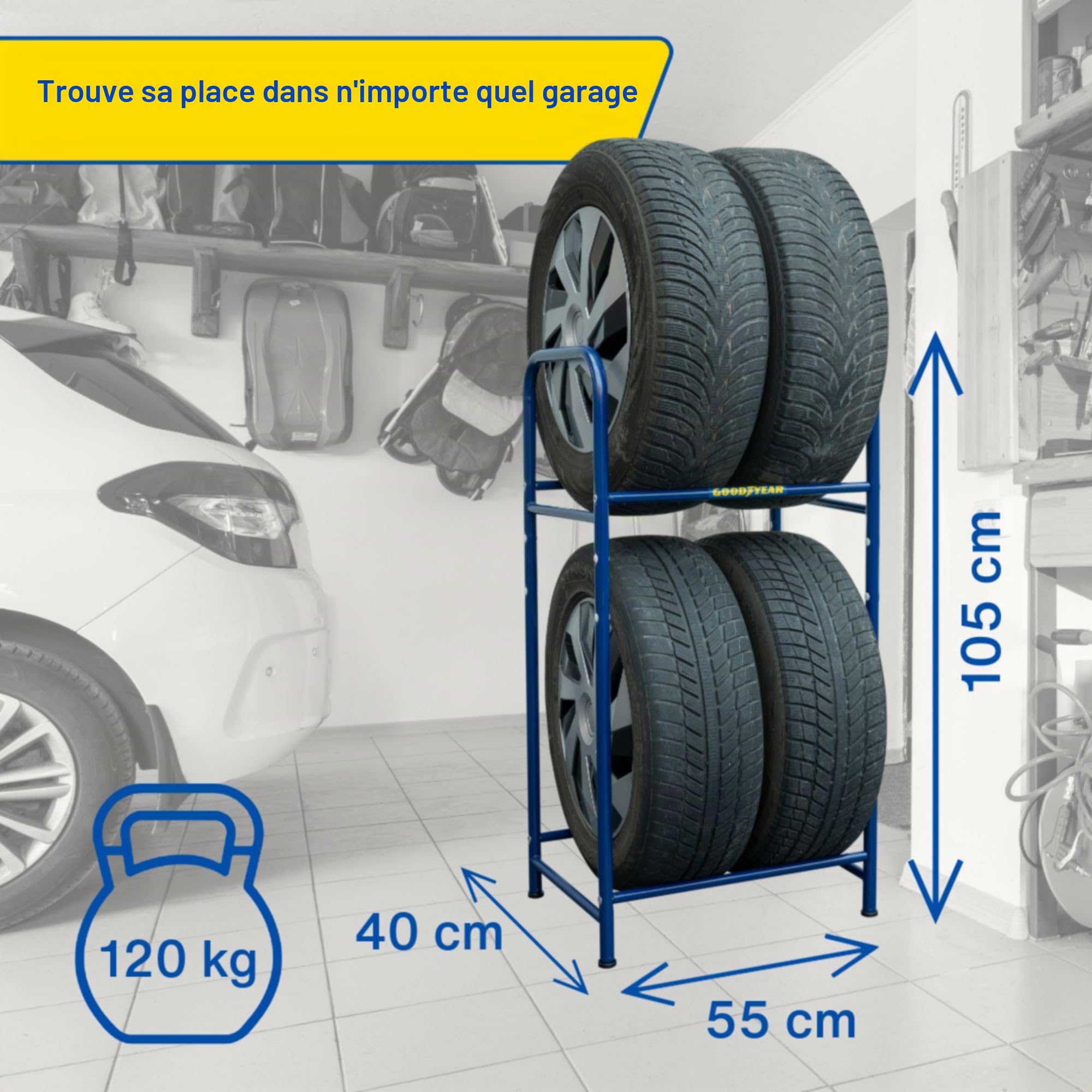Goodyear Étagère pour 4 pneus, gain de place, hauteur réglable, 2 niveaux, capacité de charge jusqu'à 120 kg, bleu